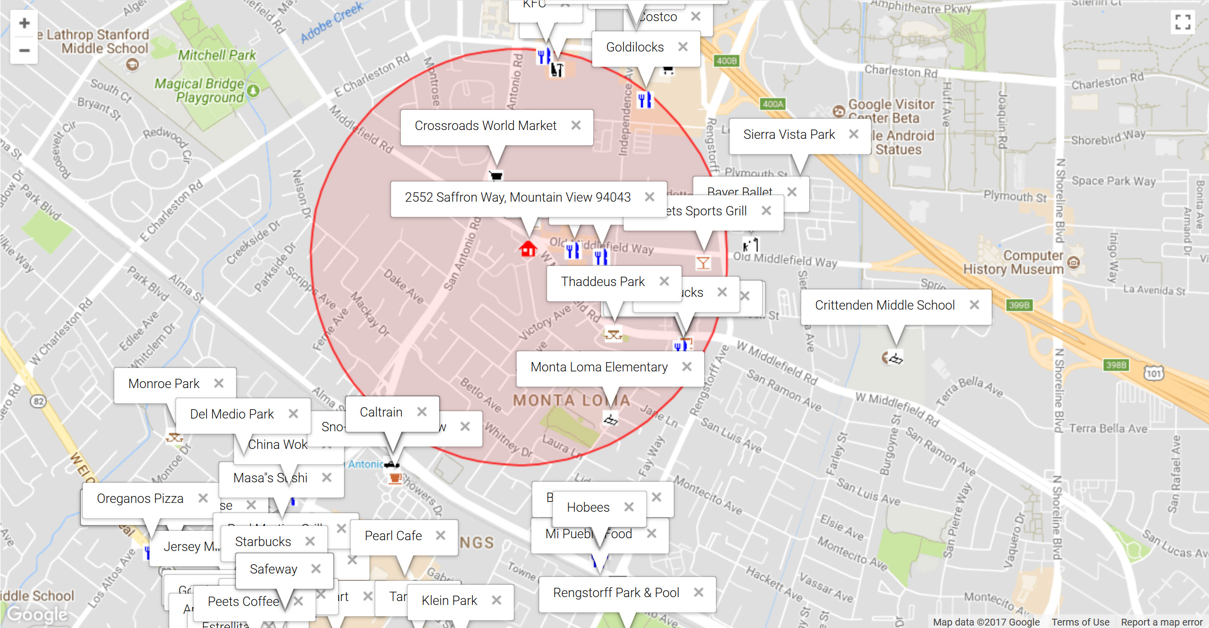 Map of attractions near 2552 Saffron Way, Mountain View 94043