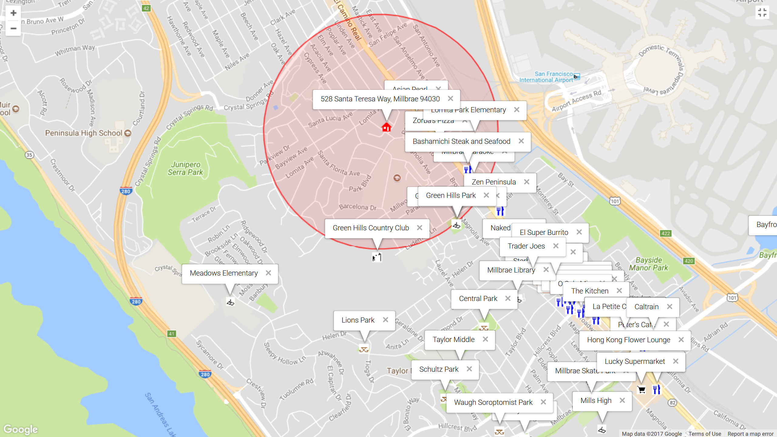 Map of attractions near 528 Santa Teresa Way, Millbrae 94030