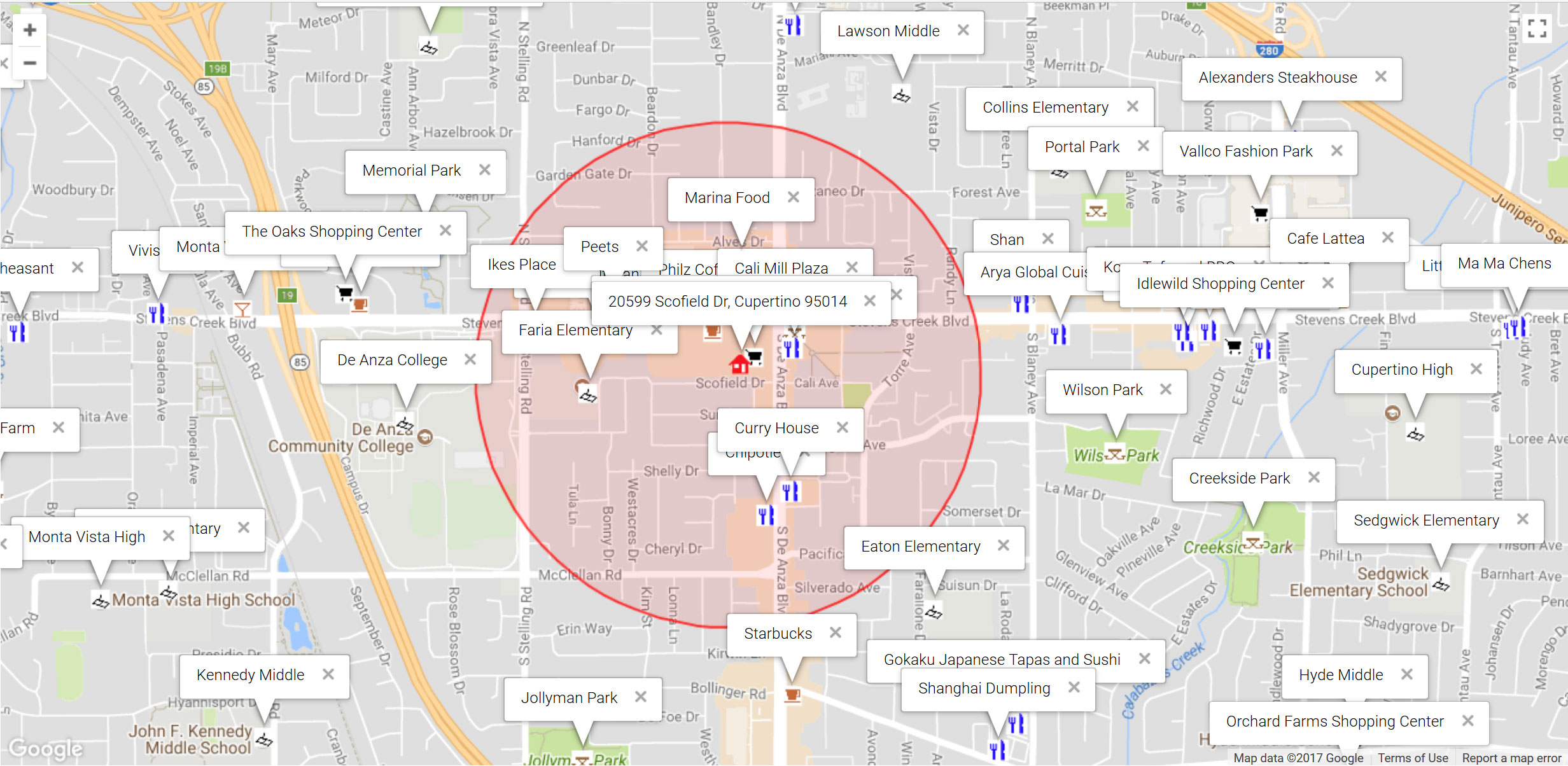 Map of attractions near 20599 Scofield Dr, Cupertino 95014