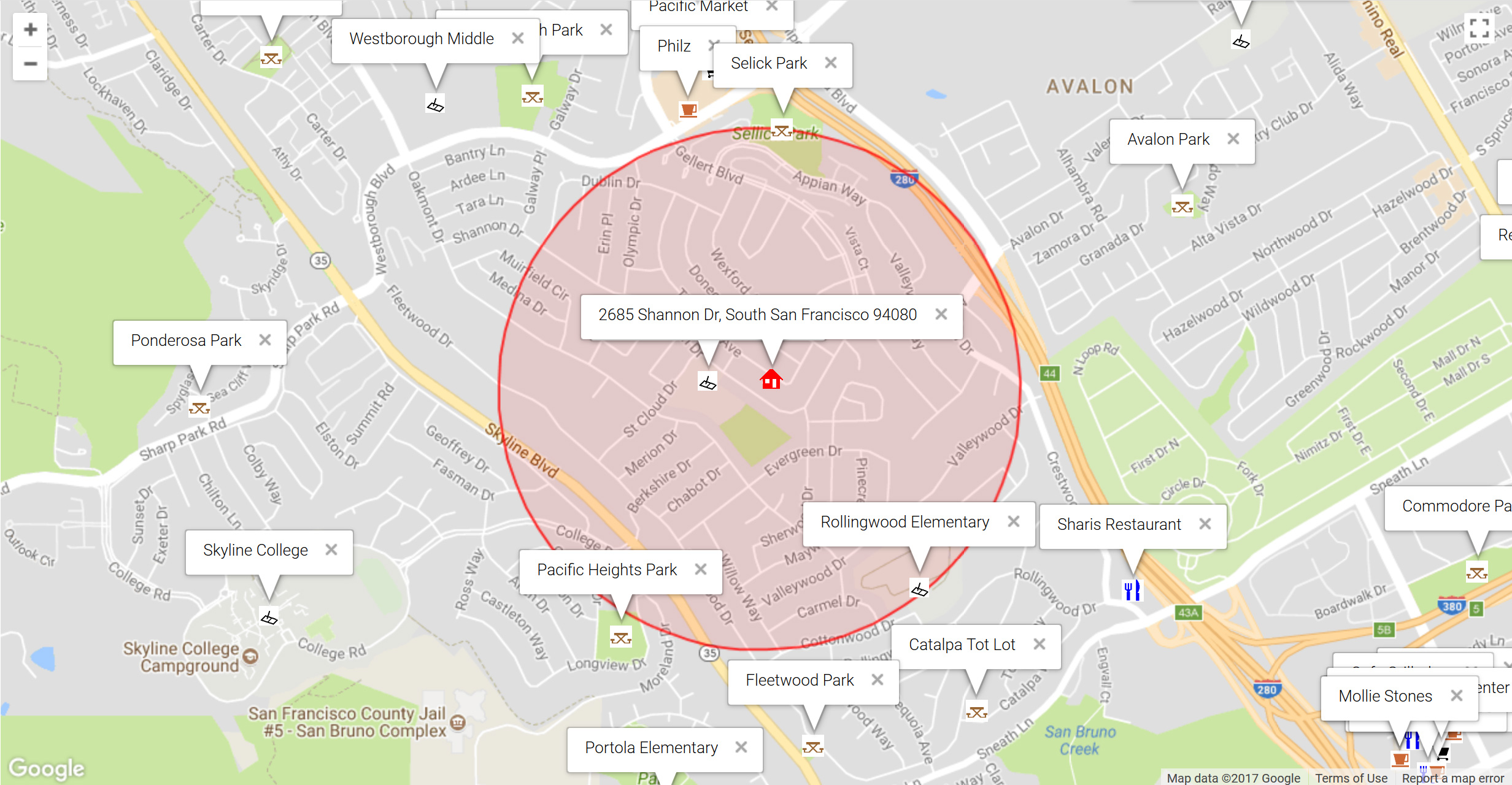Map of attractions near 2685 Shannon Dr, South San Francisco 94080