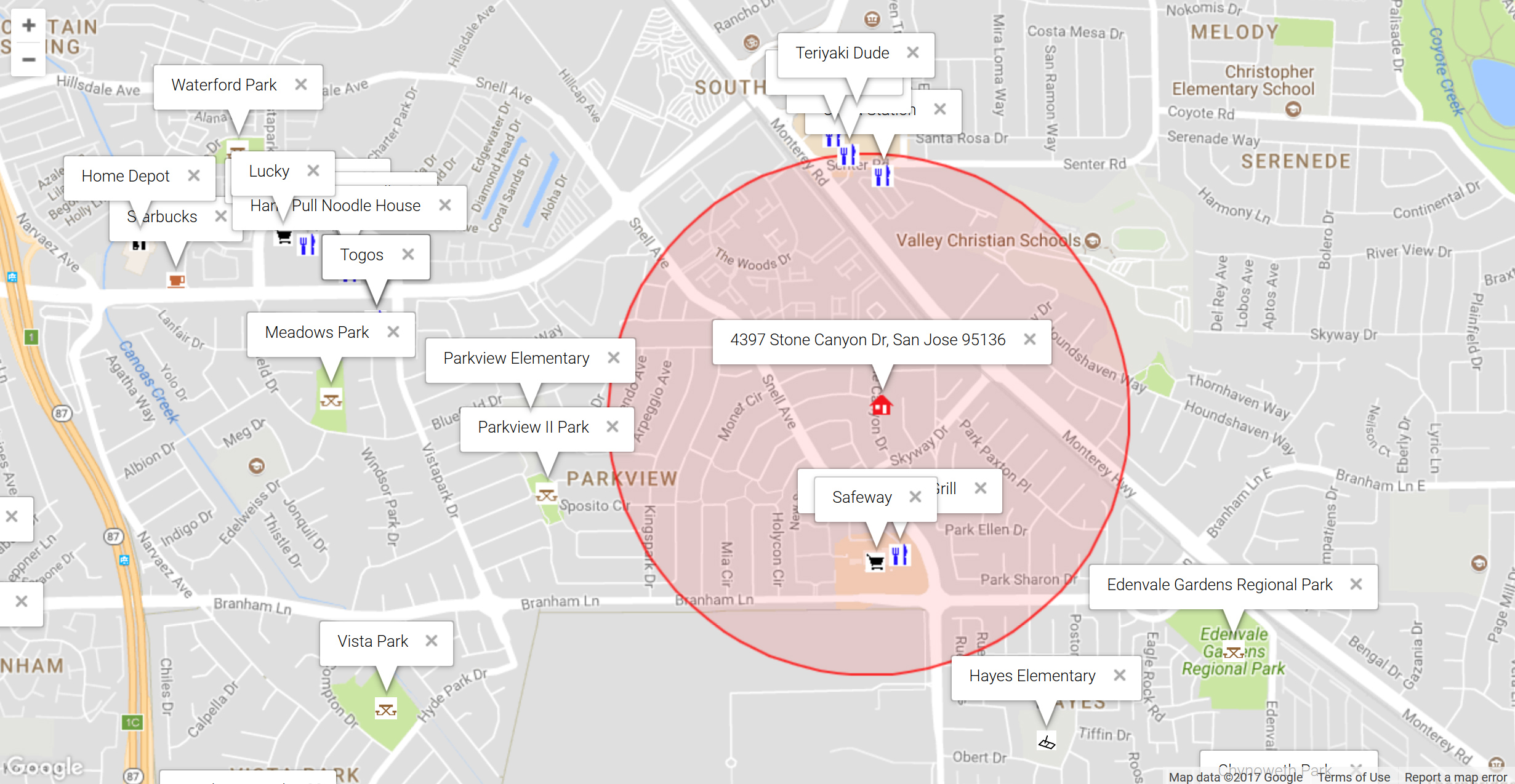Map of attractions near 4397 Stone Canyon Dr, San Jose 95136