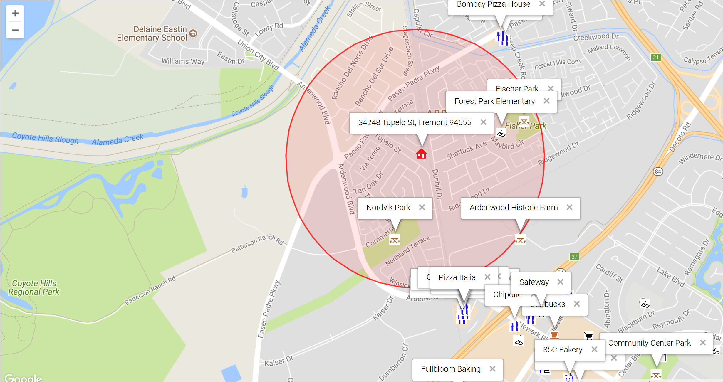 Map of attractions near 34248 Tupelo St, Fremont 94555