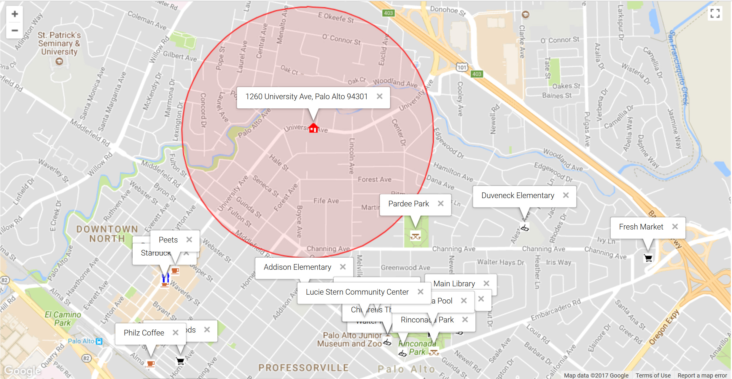 Map of attractions near 1260 University Ave, Palo Alto 94301