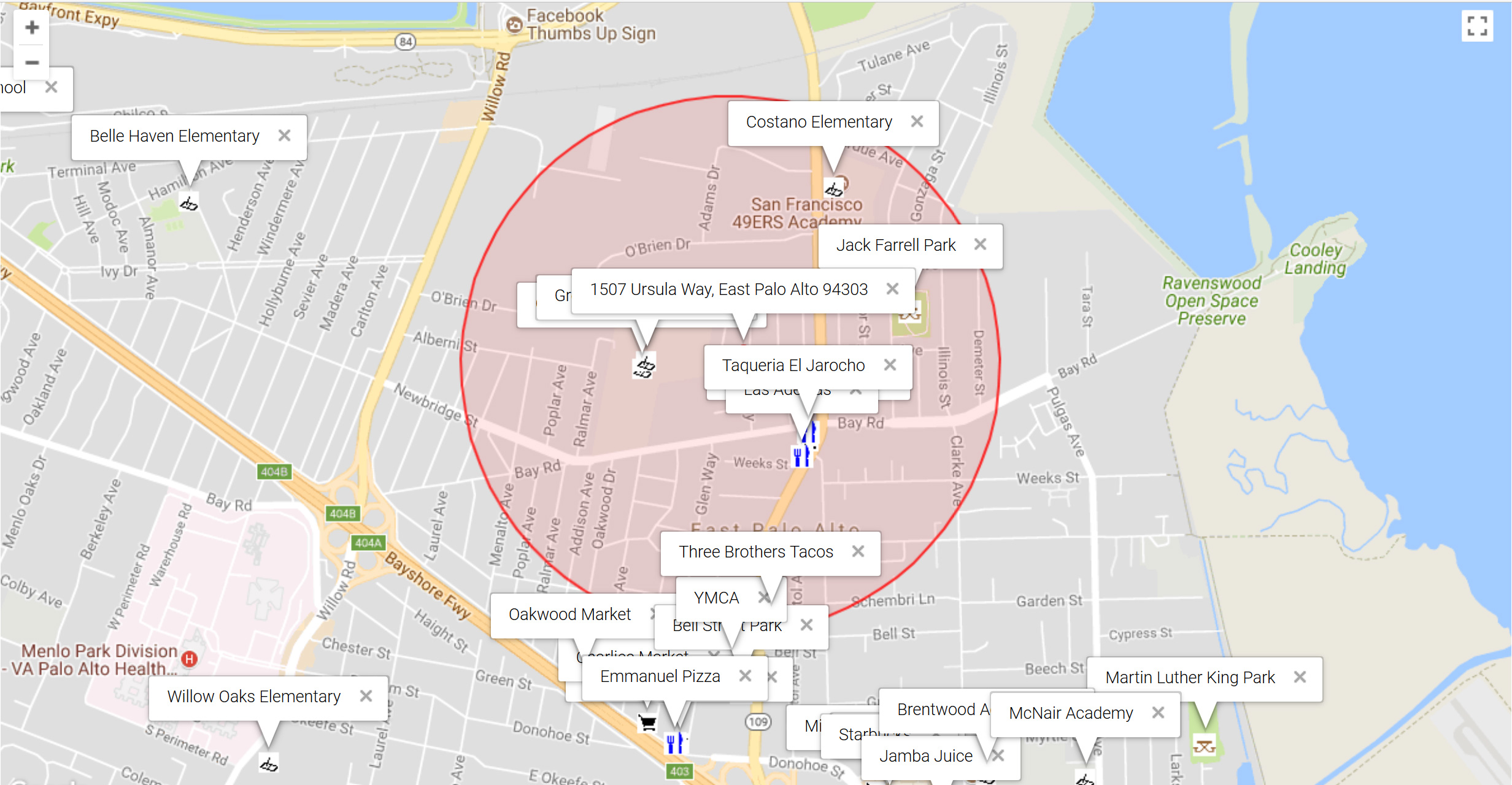 Map of attractions near 1507 Ursula Way, East Palo Alto 94303