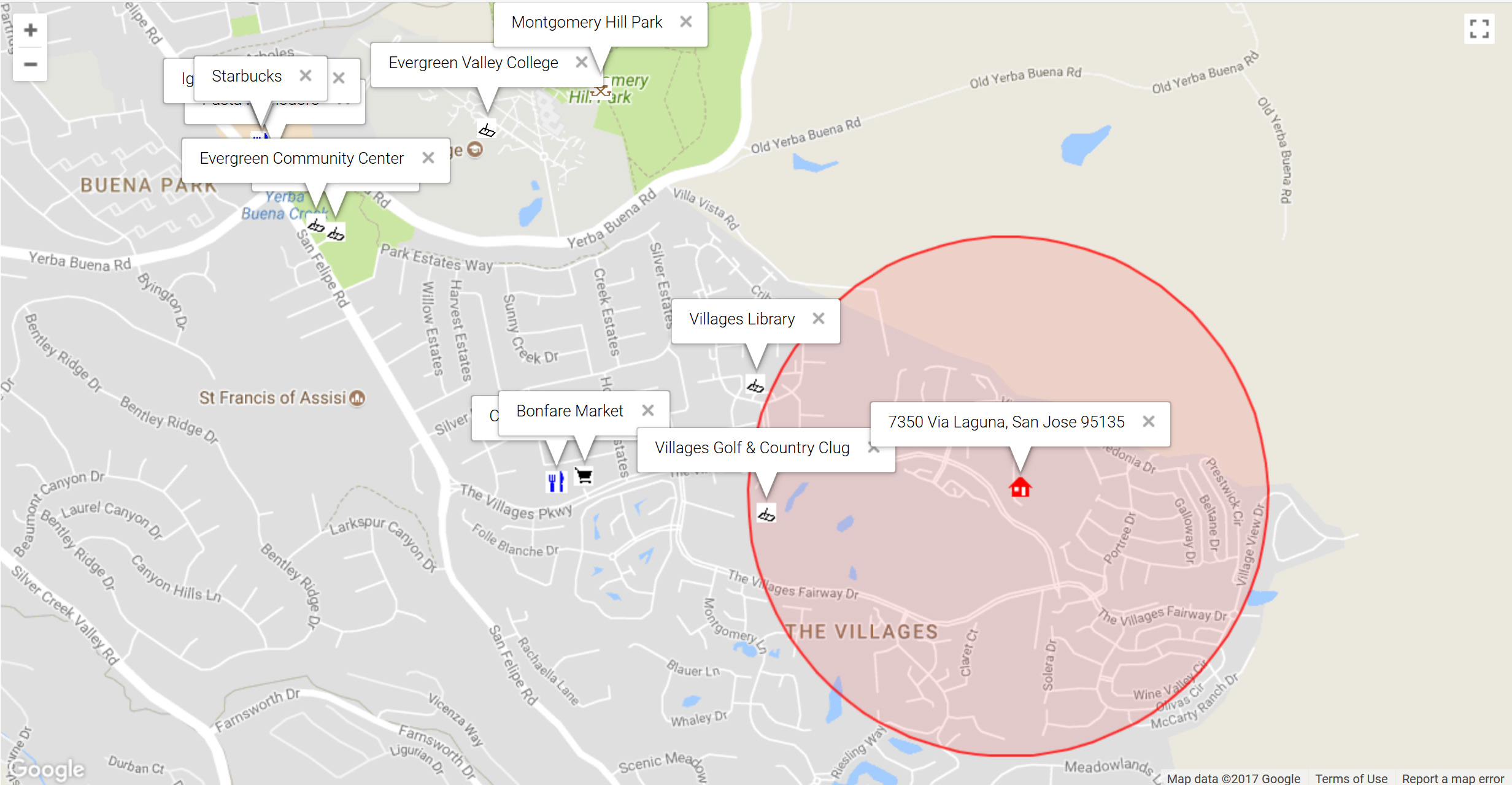 Map of attractions near 7350 Via Laguna, San Jose 95135
