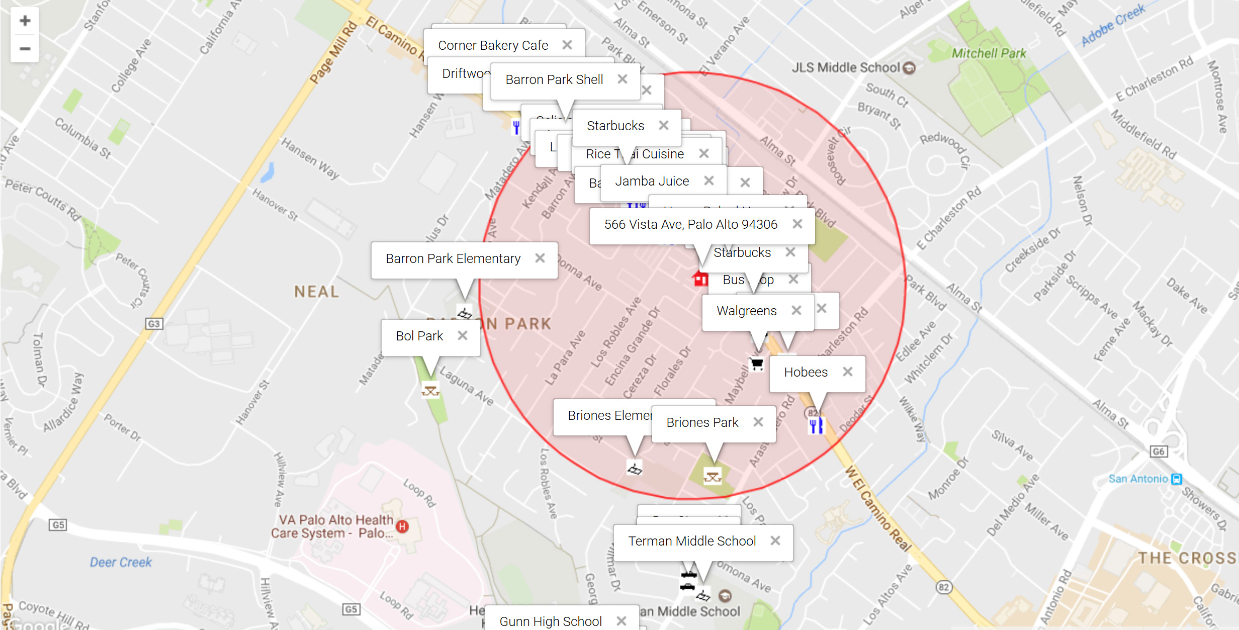 Map of attractions near 566 Vista Ave, Palo Alto 94306