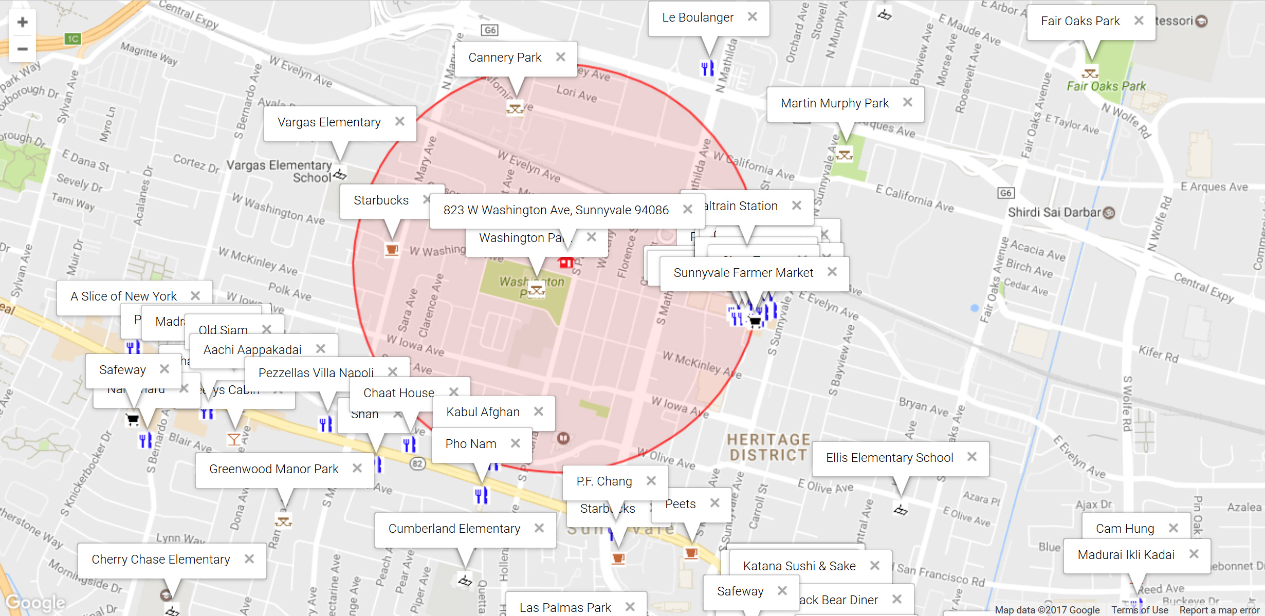 Map of attractions near 823 W Washington Ave, Sunnyvale 94086