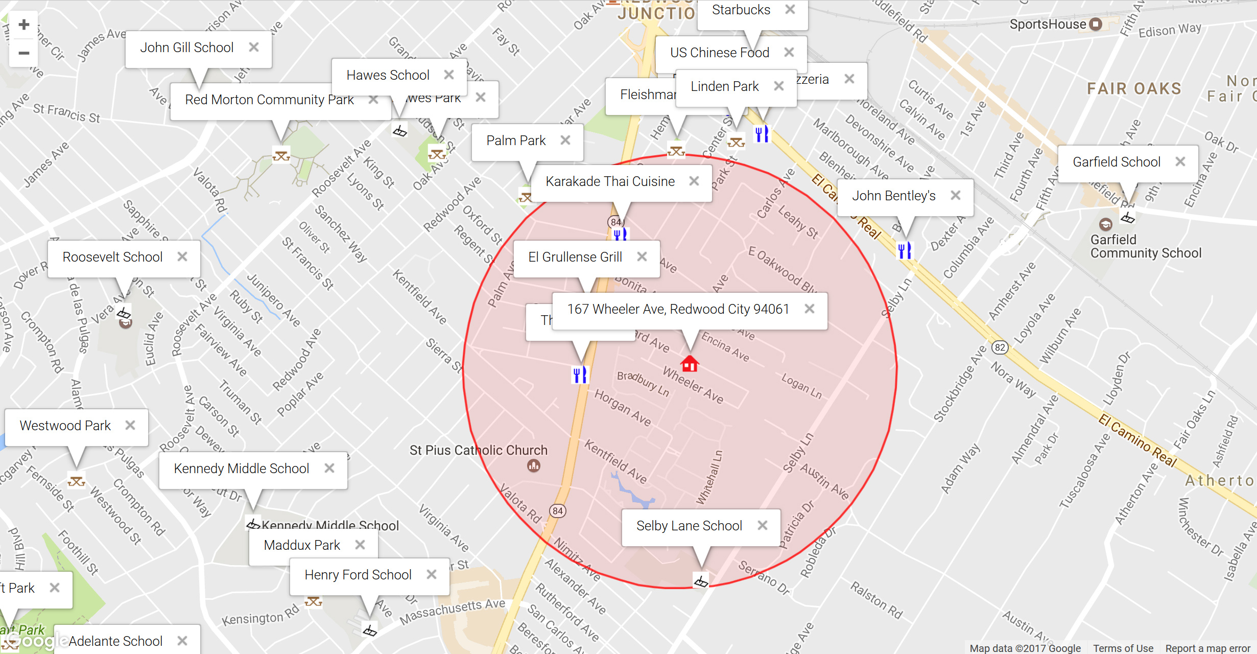 Map of attractions near 167 Wheeler Ave, Redwood City 94061