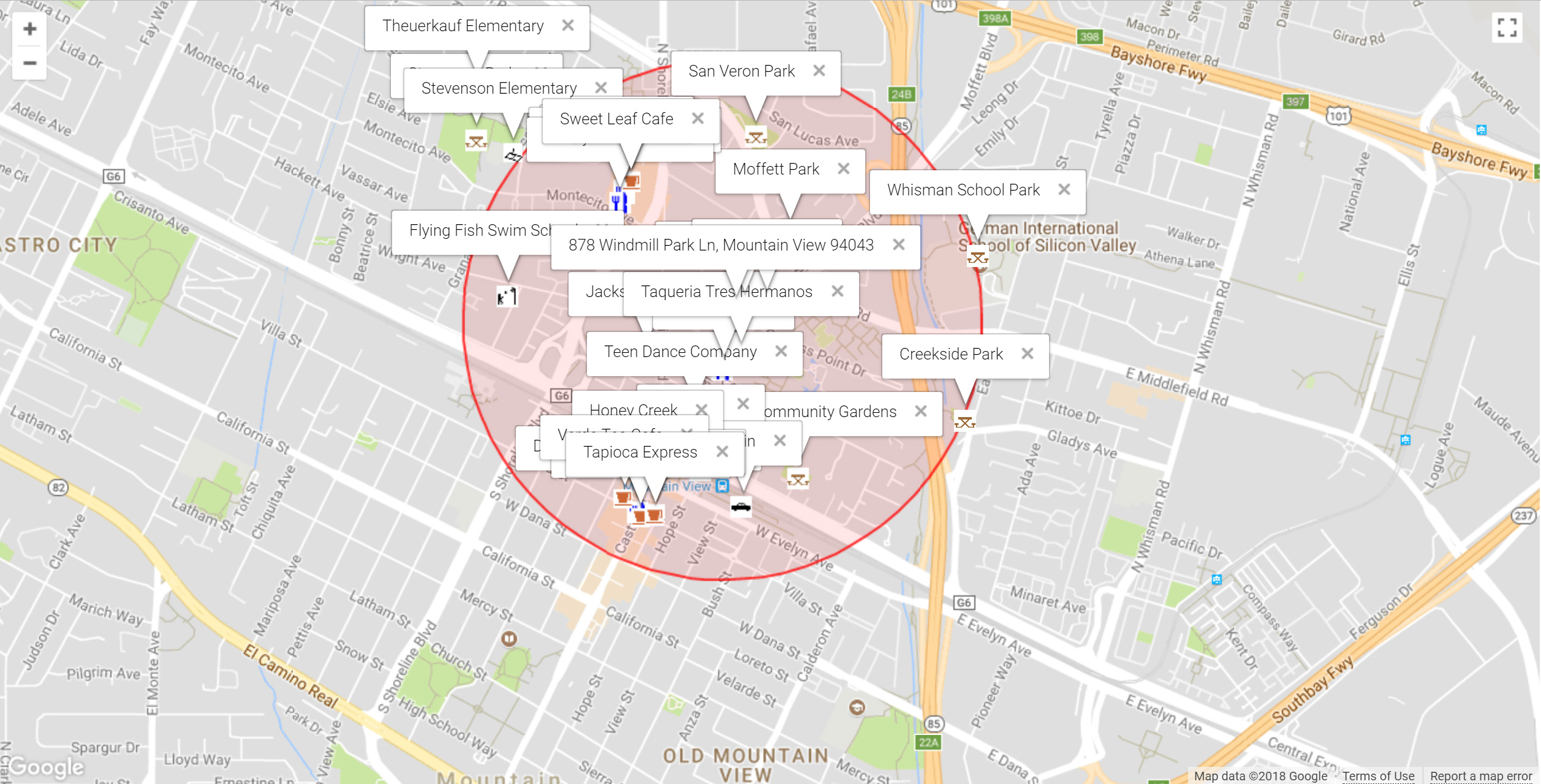 Map of attractions near 878 Windmill Park Ln, Mountain View 94043