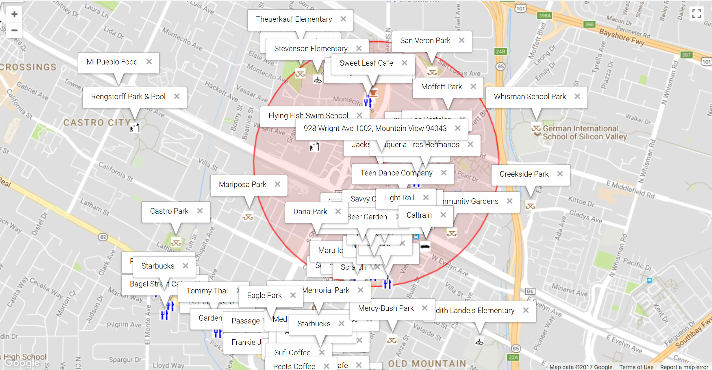 Map of attractions near 928 Wright Ave 1002, Mountain View 94043