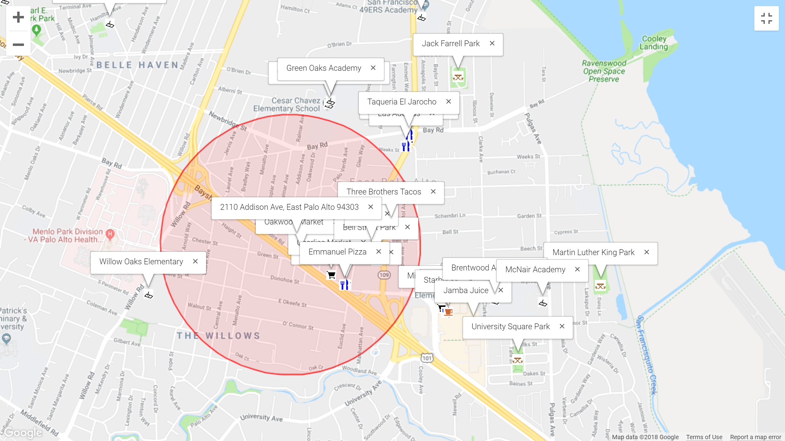 Map of attractions near 2110 Addison Ave, East Palo Alto 94303