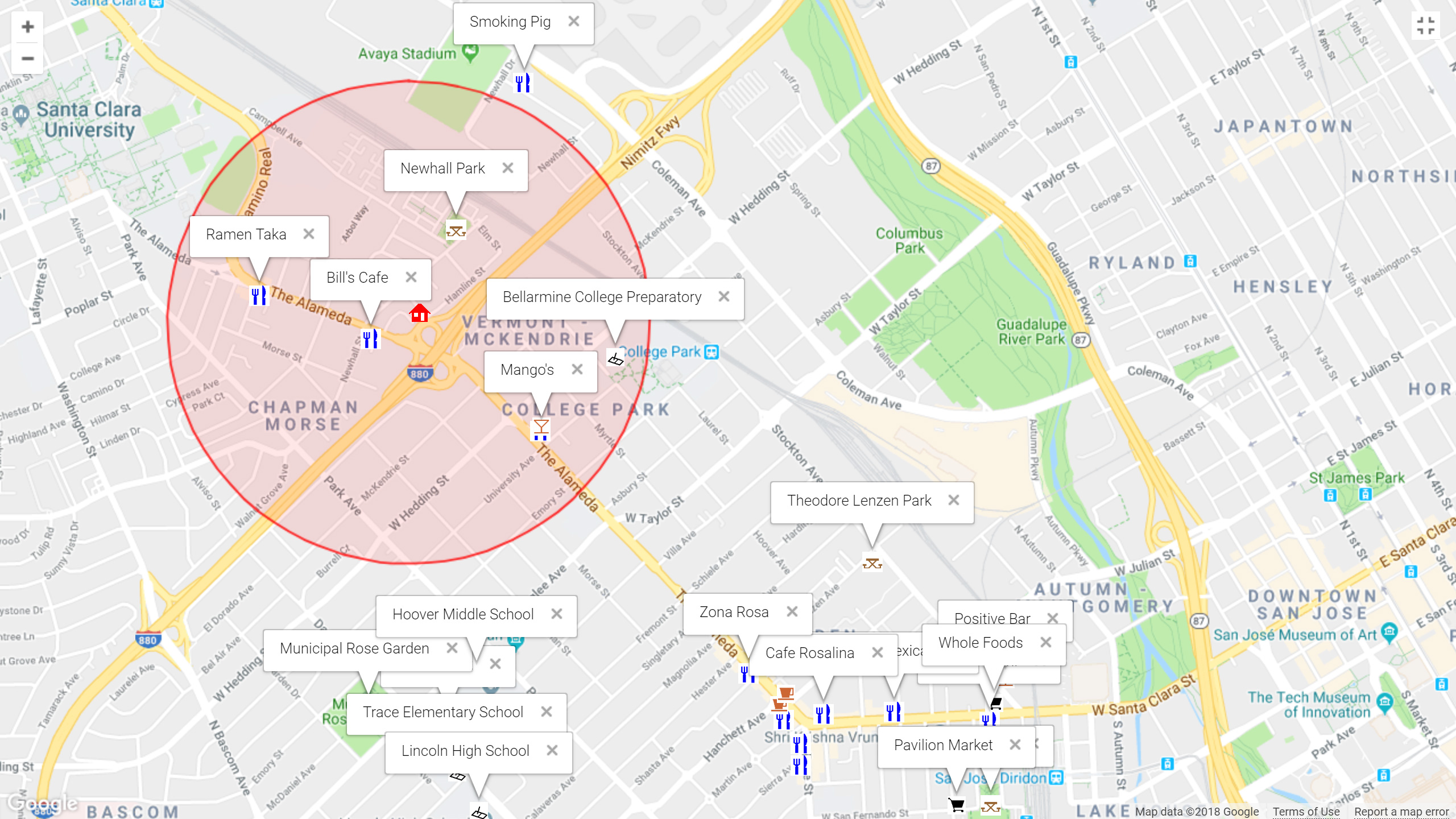 Map of attractions near 2055 Alameda Way, San Jose 95126
