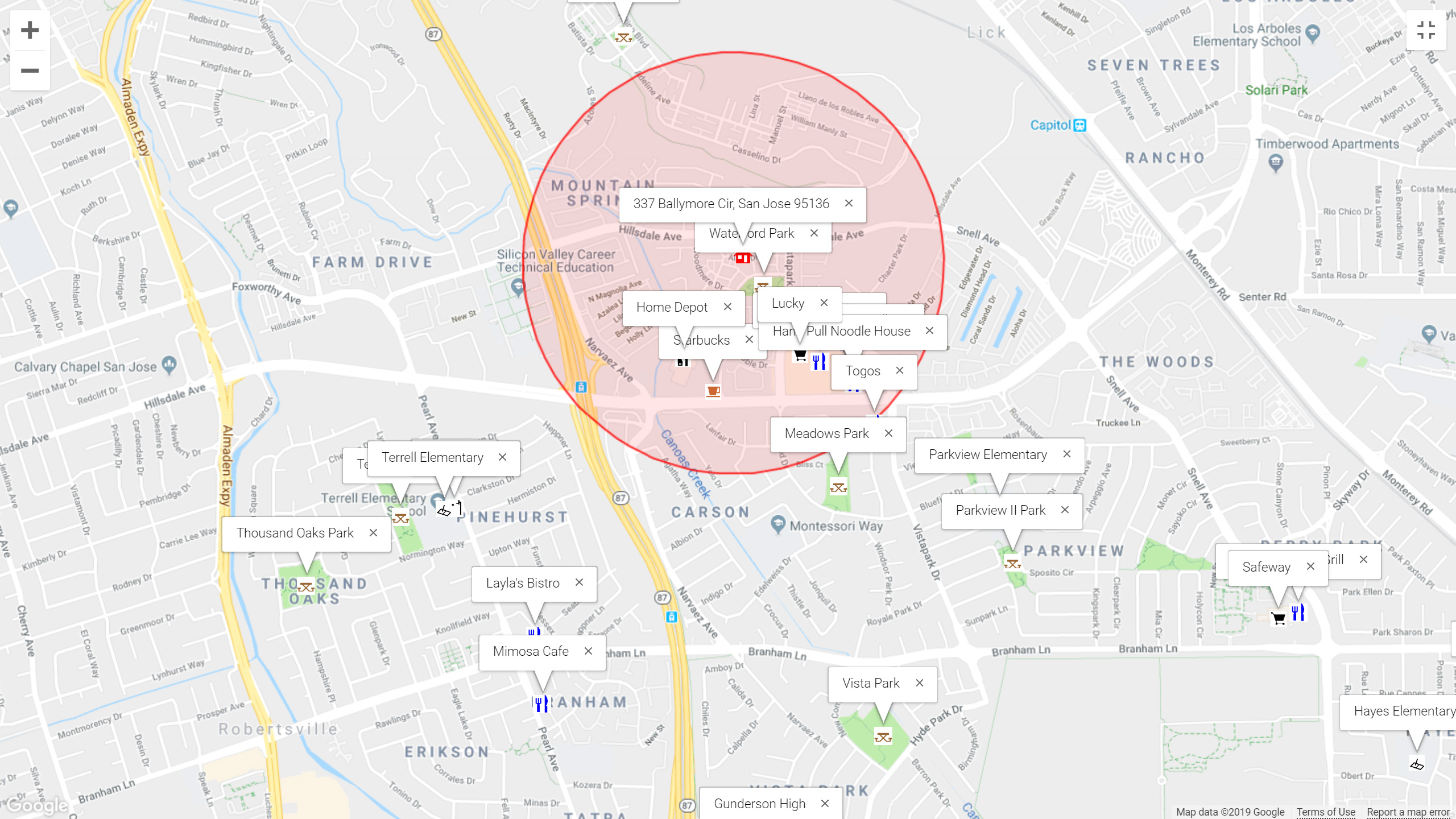 Map of attractions near 337 Ballymore Cir, San Jose 95136