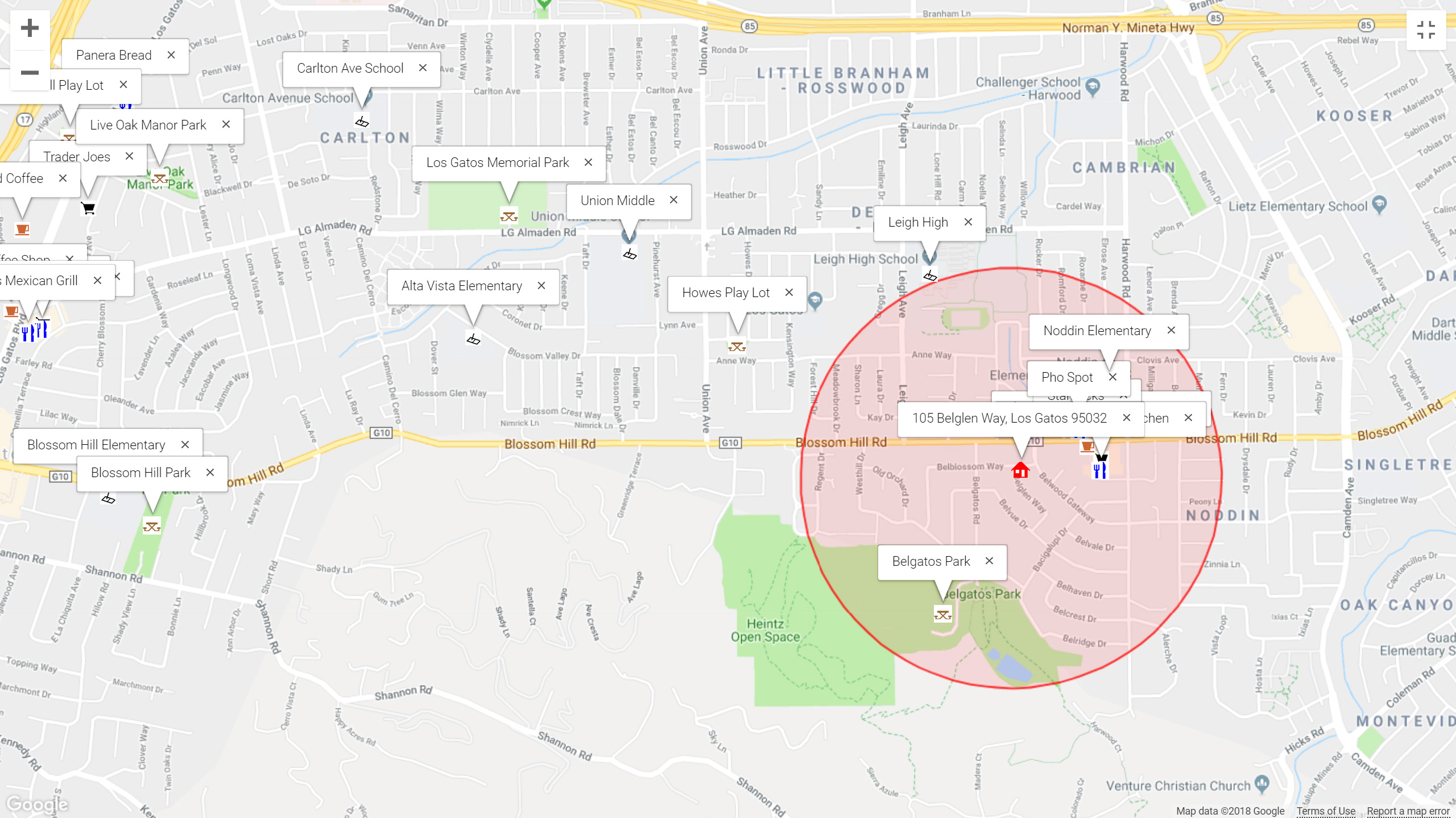 Map of attractions near 105 Belglen Way, Los Gatos 95032