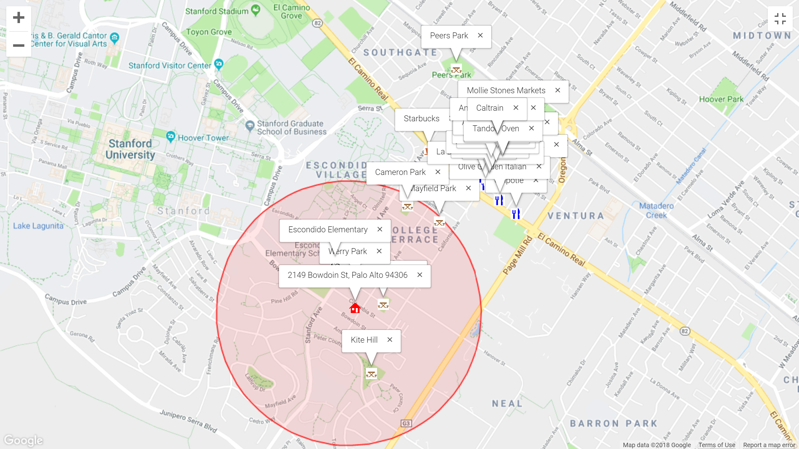 Map of attractions near 2149 Bowdoin St, Palo Alto 94306
