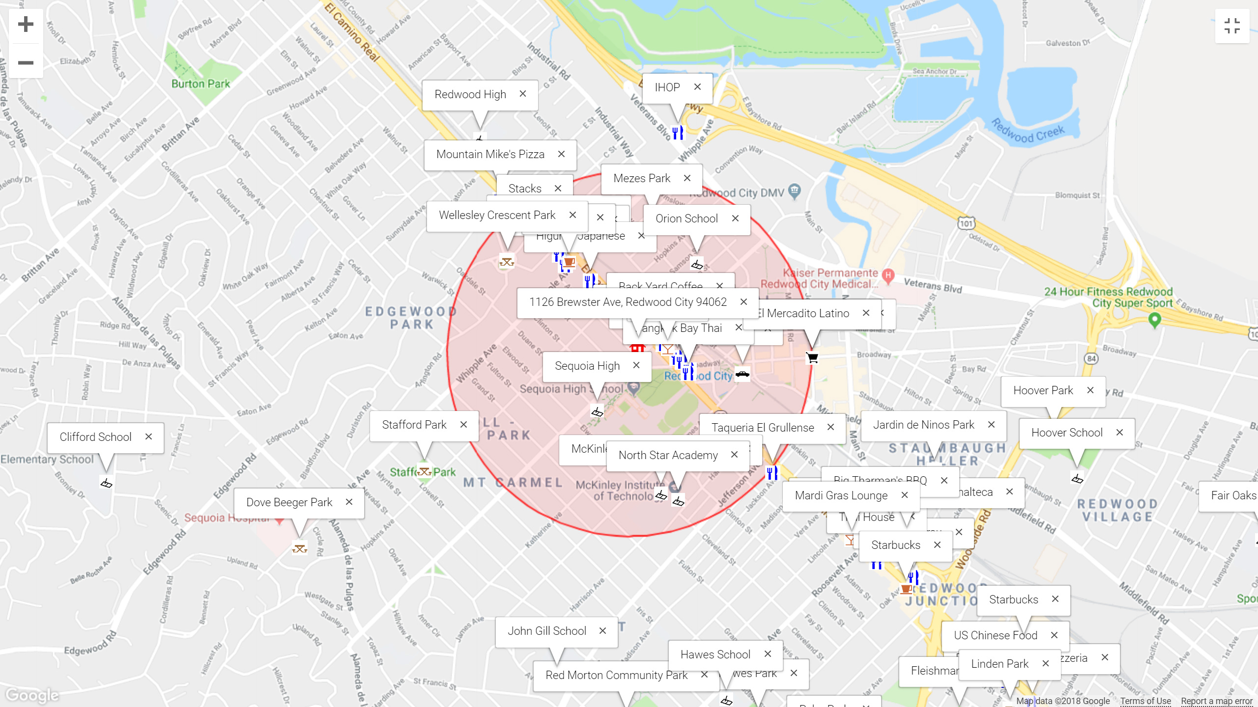 Map of attractions near 1126 Brewster Ave, Redwood City 94062