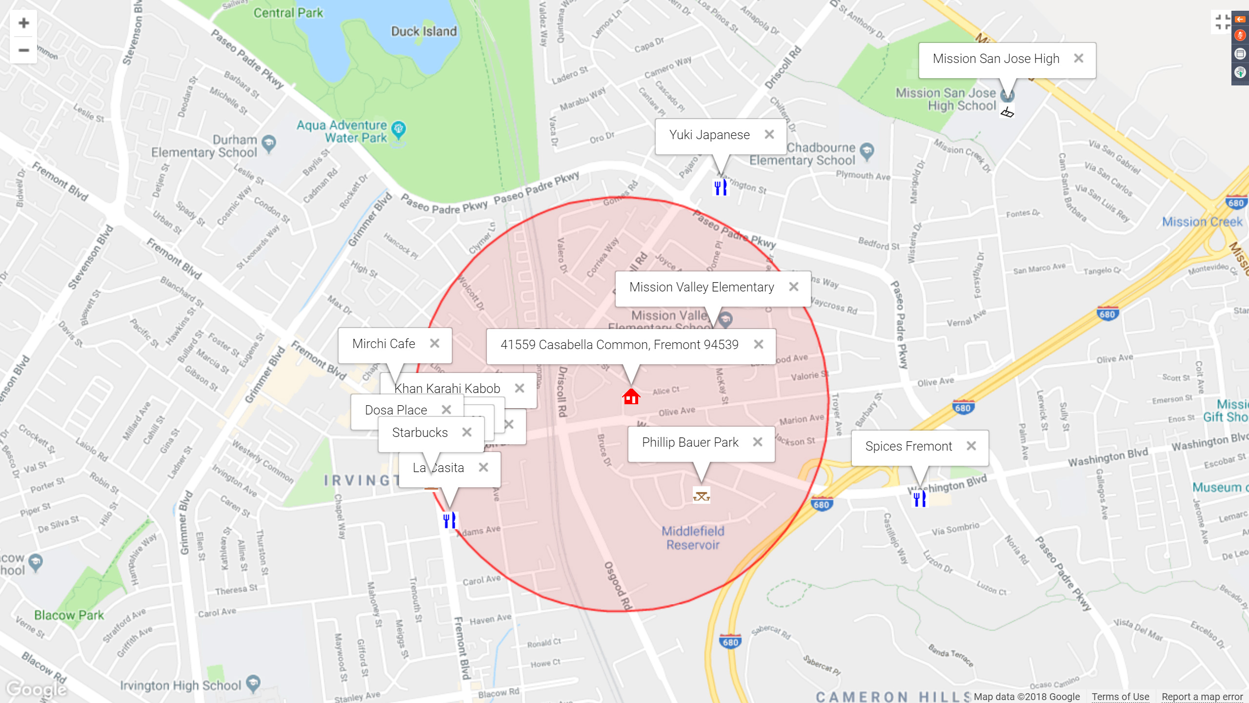 Map of attractions near 41559 Casabella Common, Fremont 94539