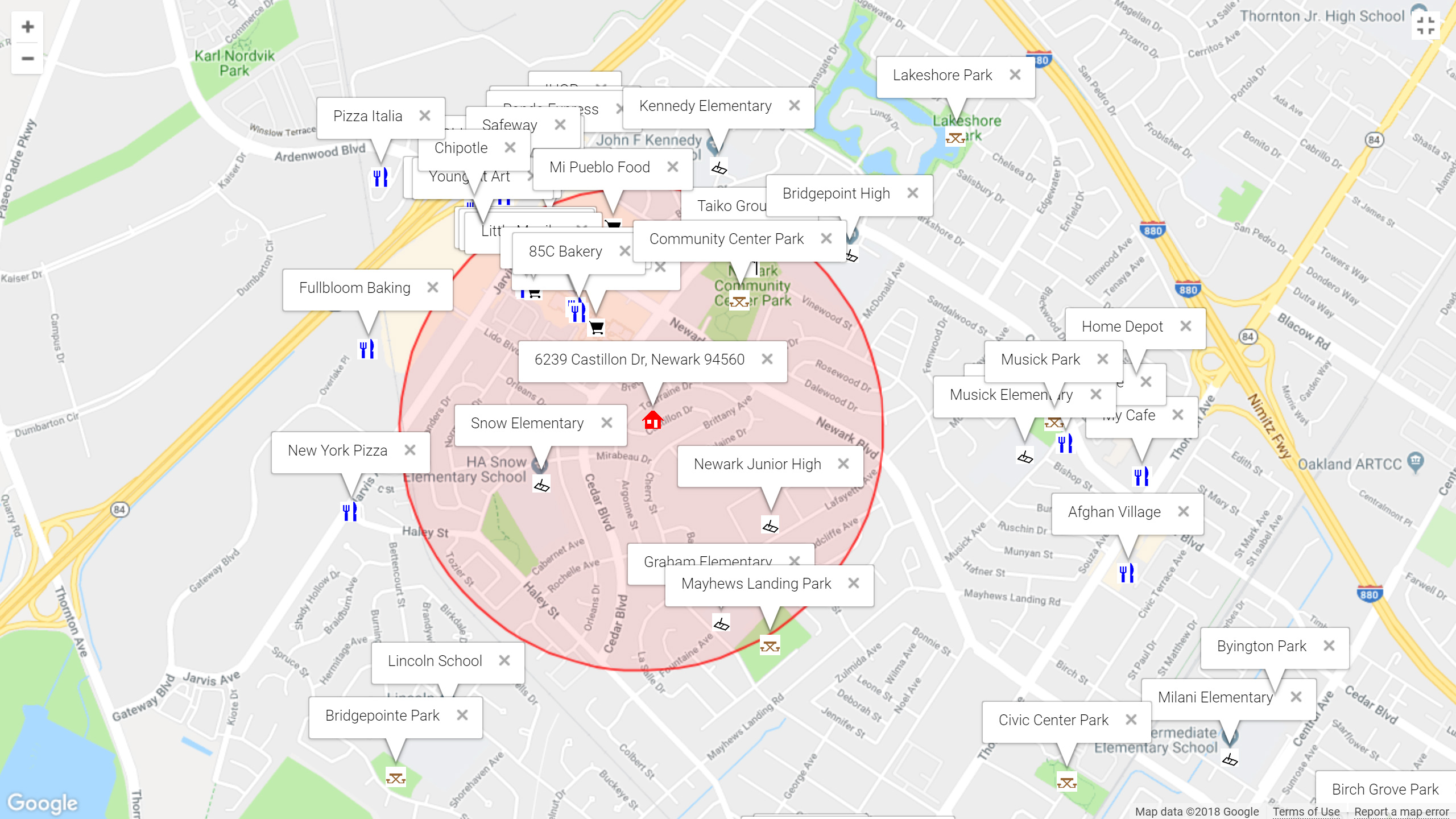 Map of attractions near 6239 Castillon Dr, Newark 94560