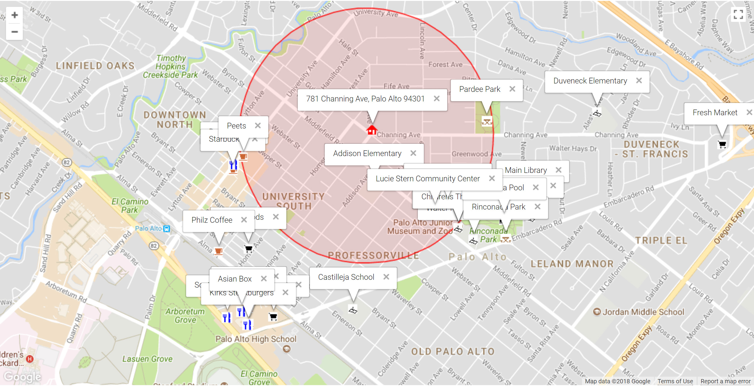 Map of attractions near 781 Channing Ave, Palo Alto
 94301
