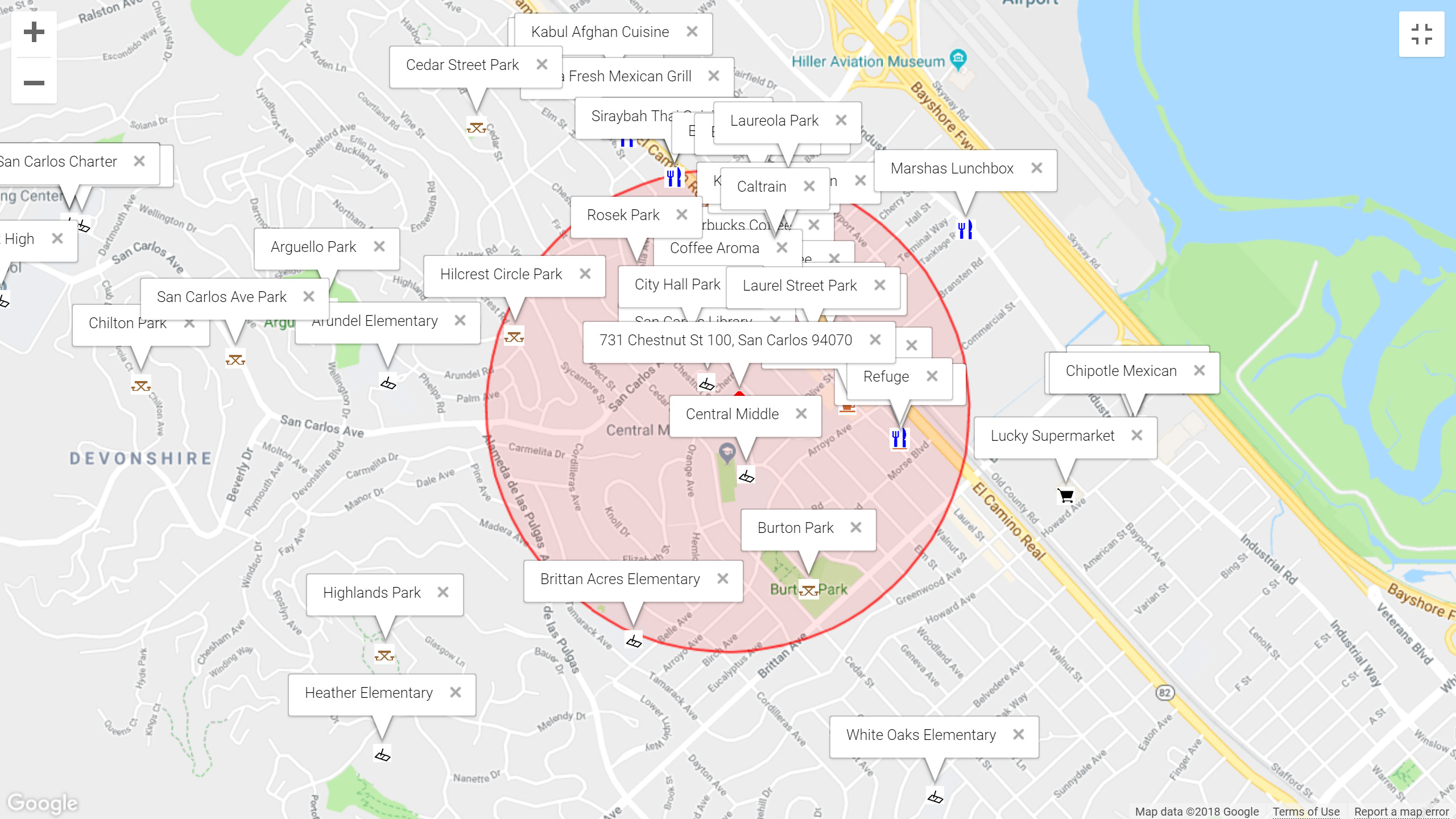Map of attractions near 731 Chestnut St 100, San Carlos 94070