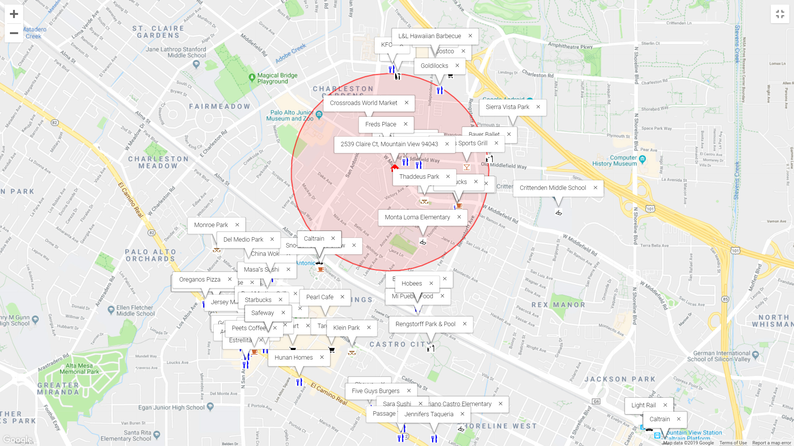 Map of attractions near 2539 Claire Ct, Mountain View 94043