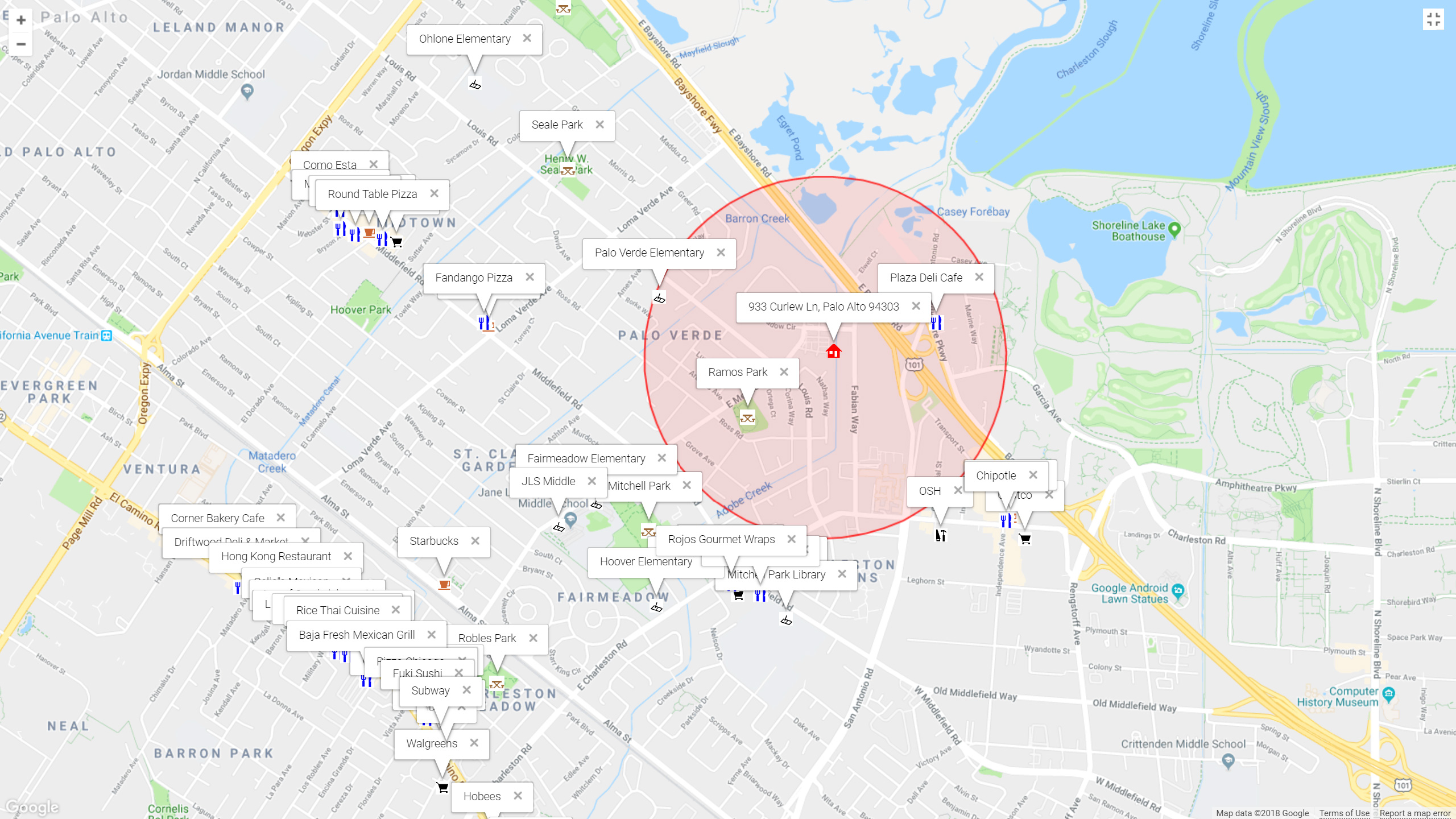 Map of attractions near 933 Curlew Ln, Palo Alto 94303