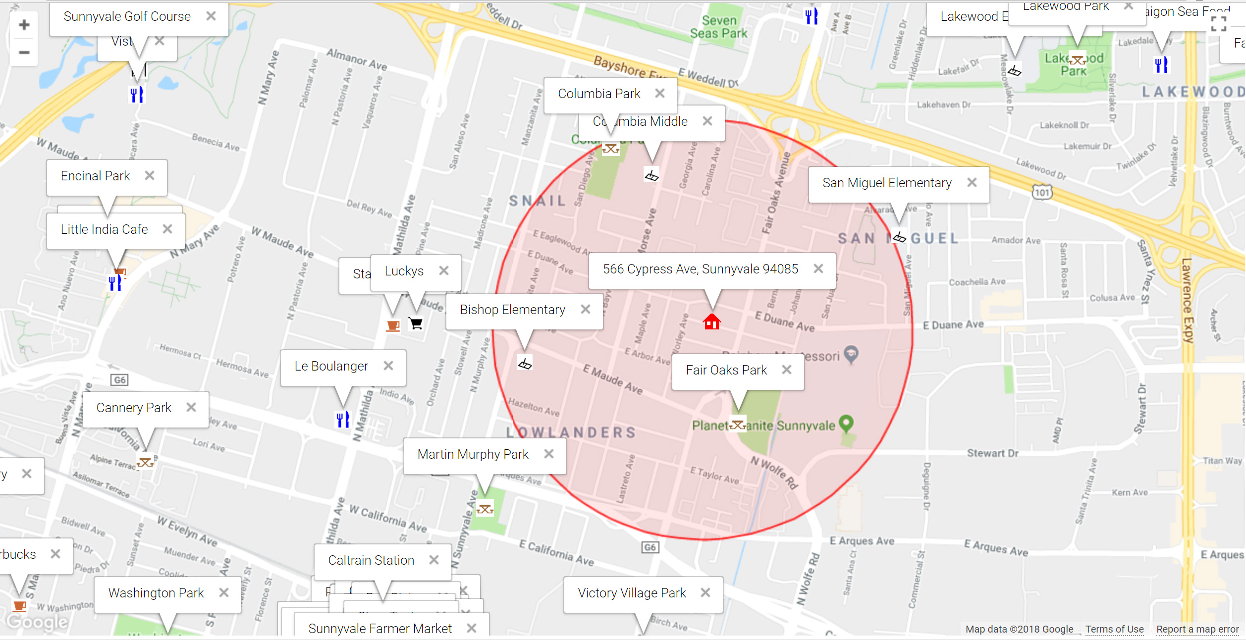 Map of attractions near 566 Cypress Ave, Sunnyvale 94085