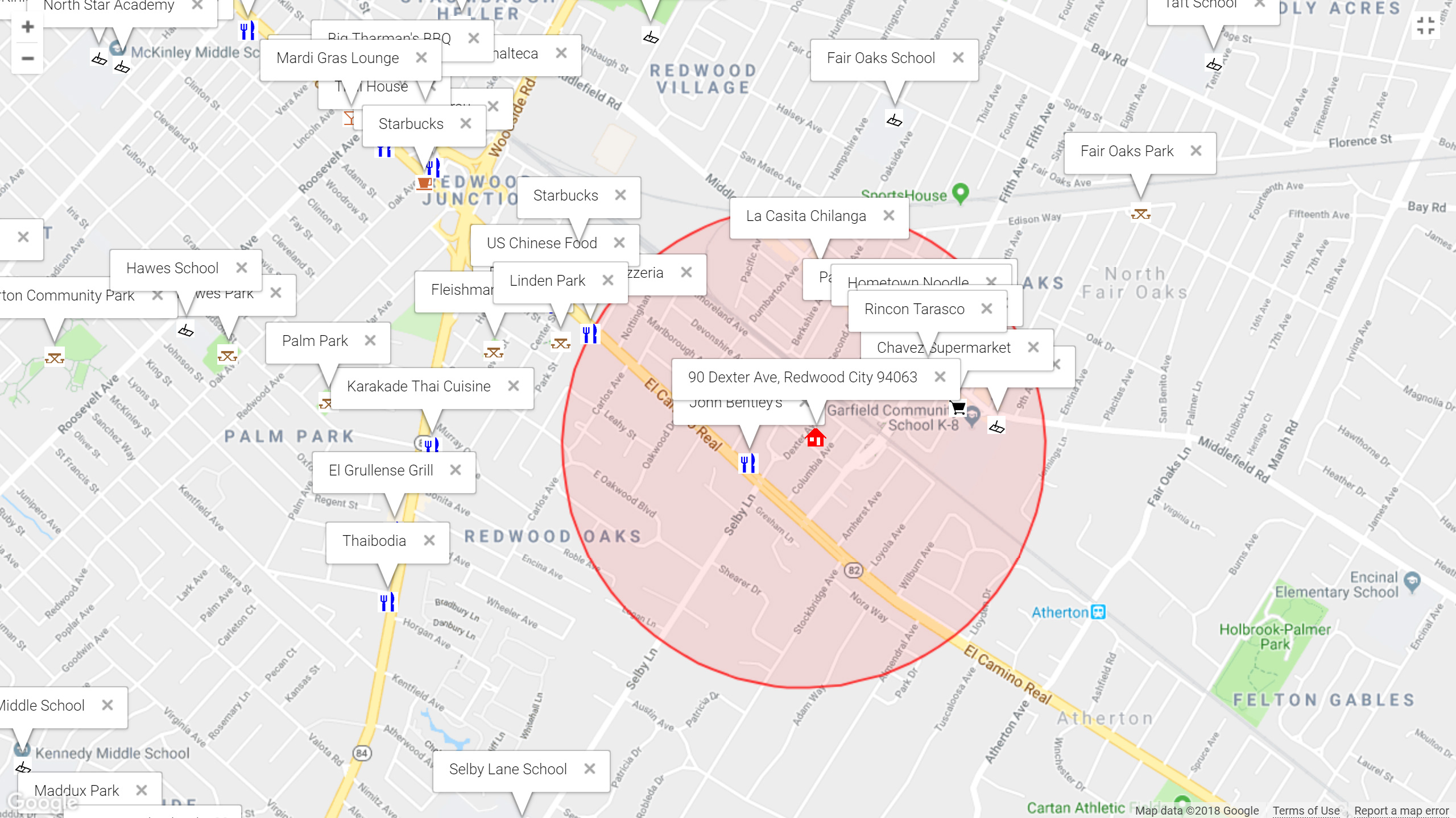 Map of attractions near 90 Dexter Ave, Redwood City 94063