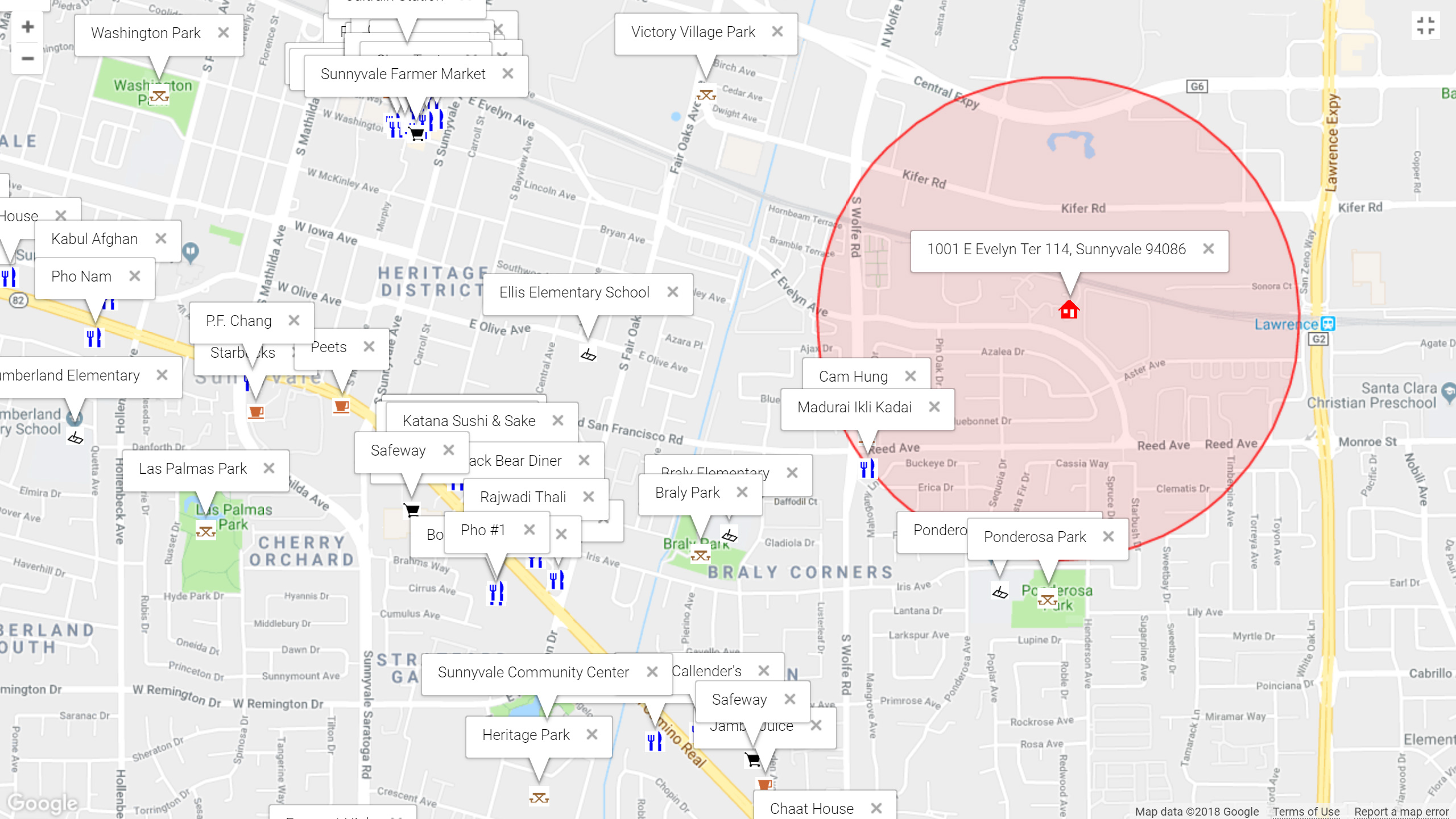 Map of attractions near 1001 E Evelyn Ter 114, Sunnyvale 94086