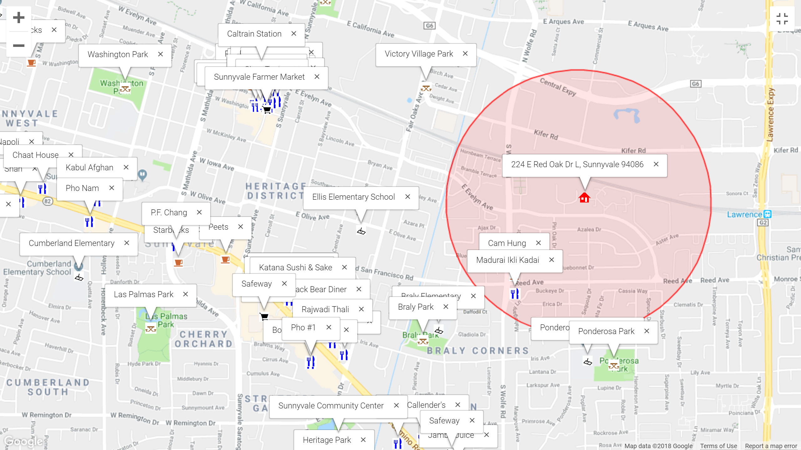 Map of attractions near 224 E Red Oak Dr L, Sunnyvale 94086