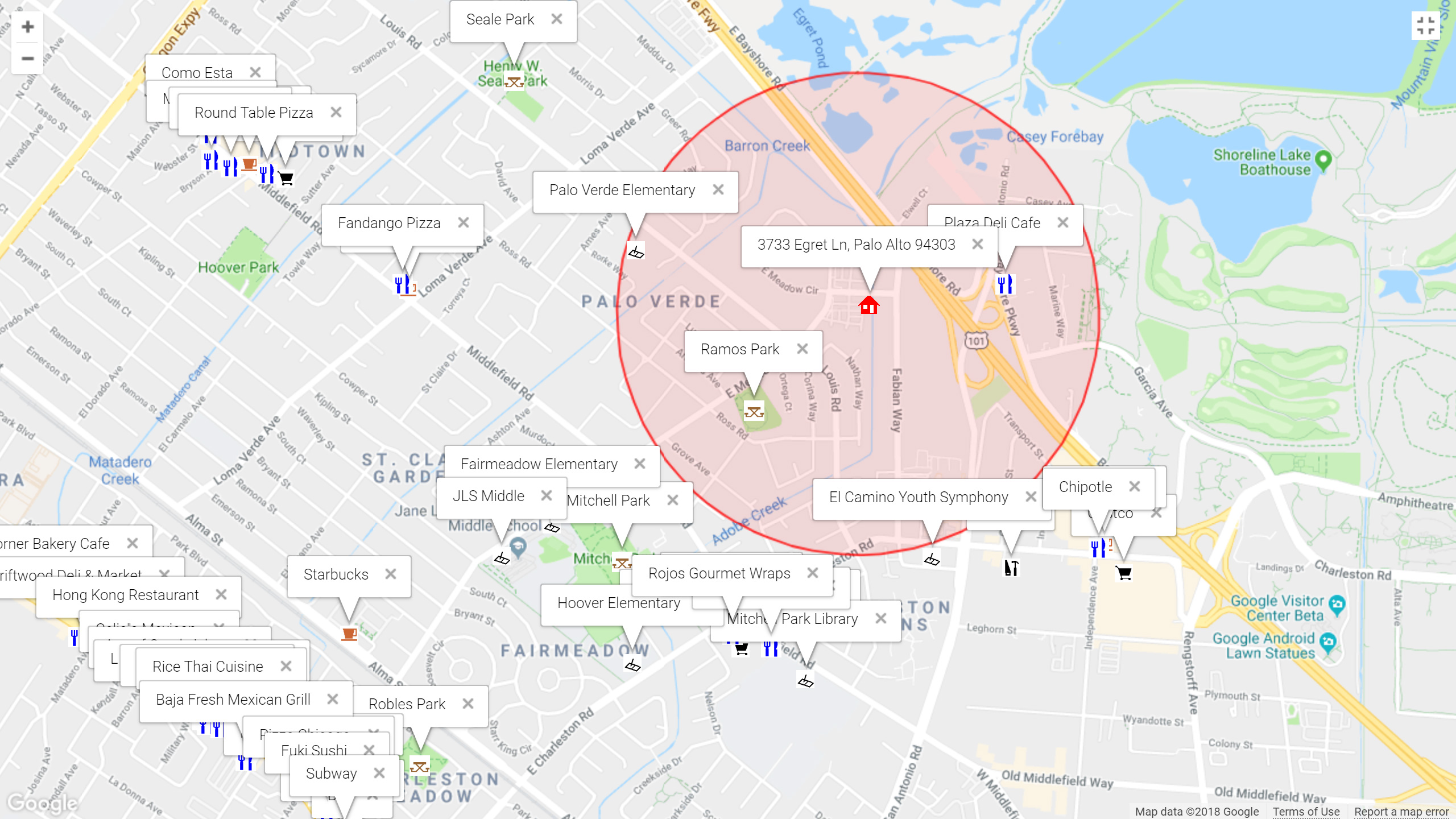 Map of attractions near 3733 Egret Ln, Palo Alto 94303