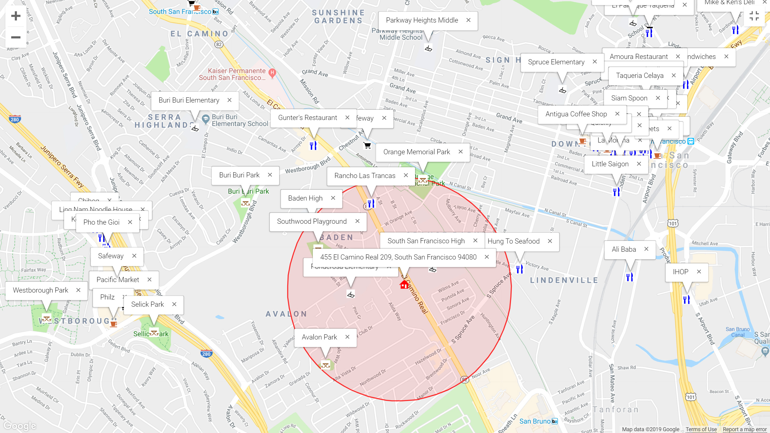 Map of attractions near 455 El Camino Real 209, South San Francisco 94080