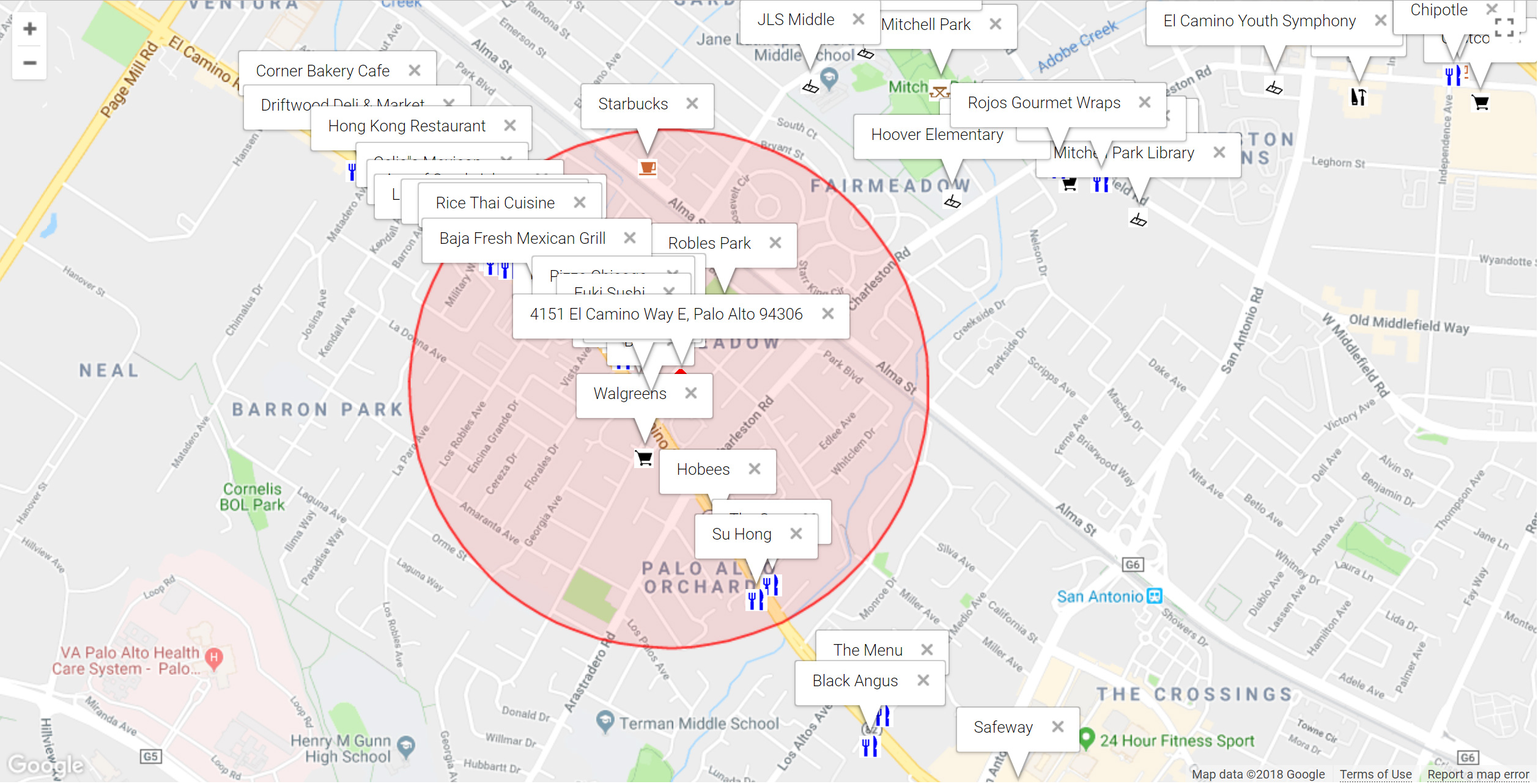 Map of attractions near 4151 El Camino Way E, Palo Alto 94306