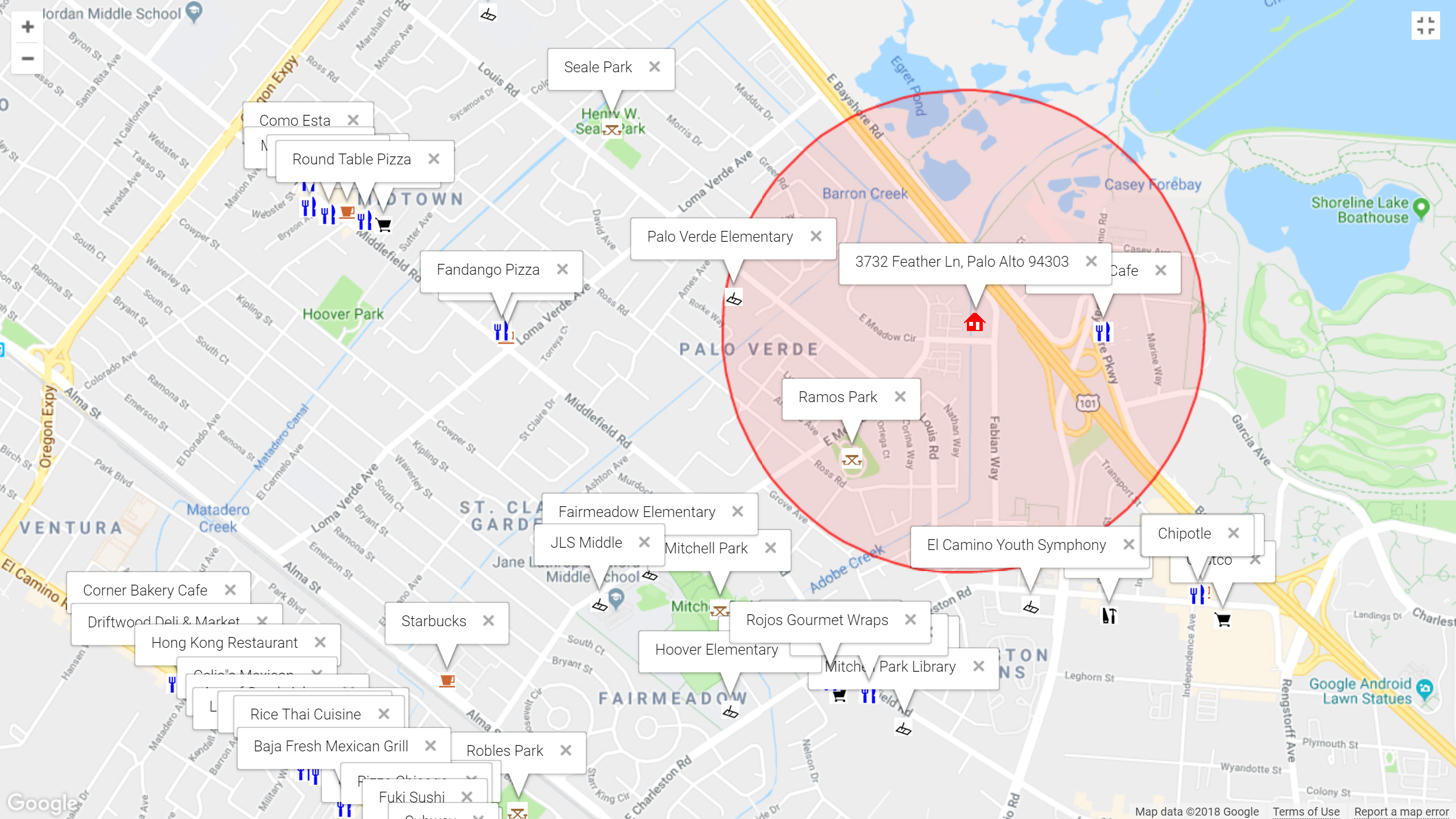 Map of attractions near 3732 Feather Ln, Palo Alto 94303