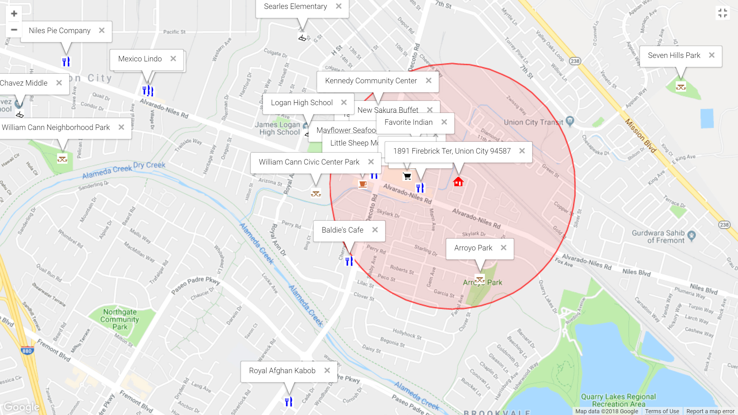 Map of attractions near 1891 Firebrick Ter, Union City 94587