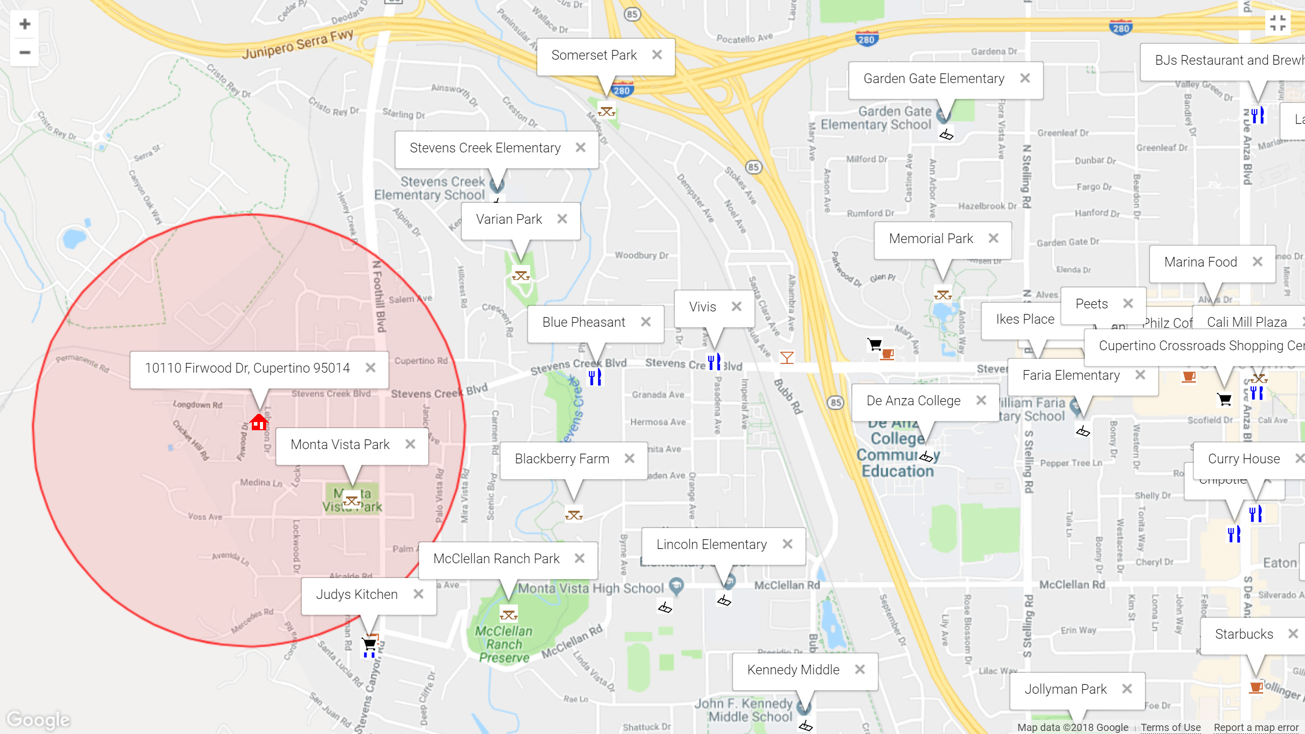 Map of attractions near 10110 Firwood Dr, Cupertino 95014