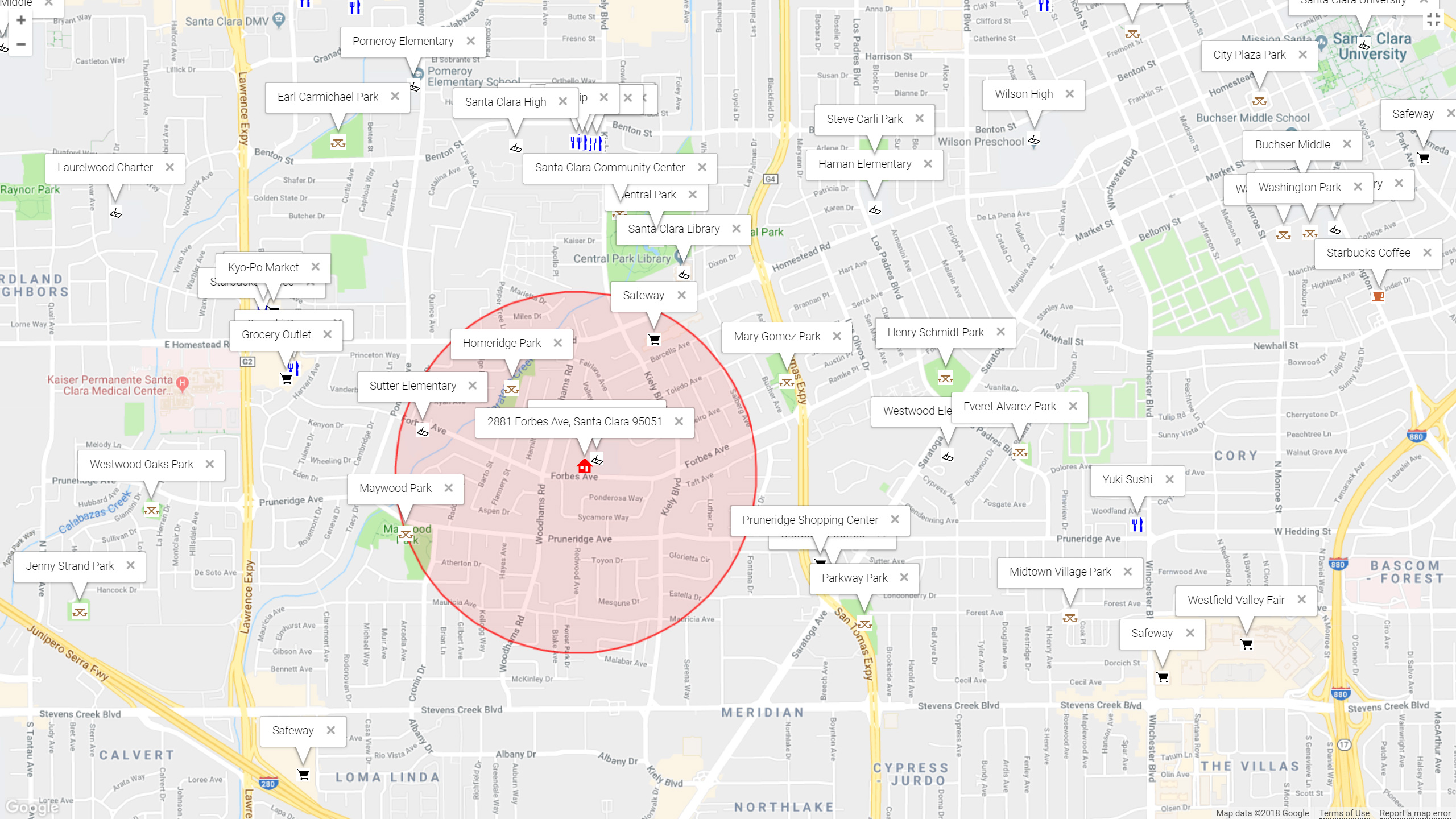 Map of attractions near 2881 Forbes Ave, Santa Clara 95051