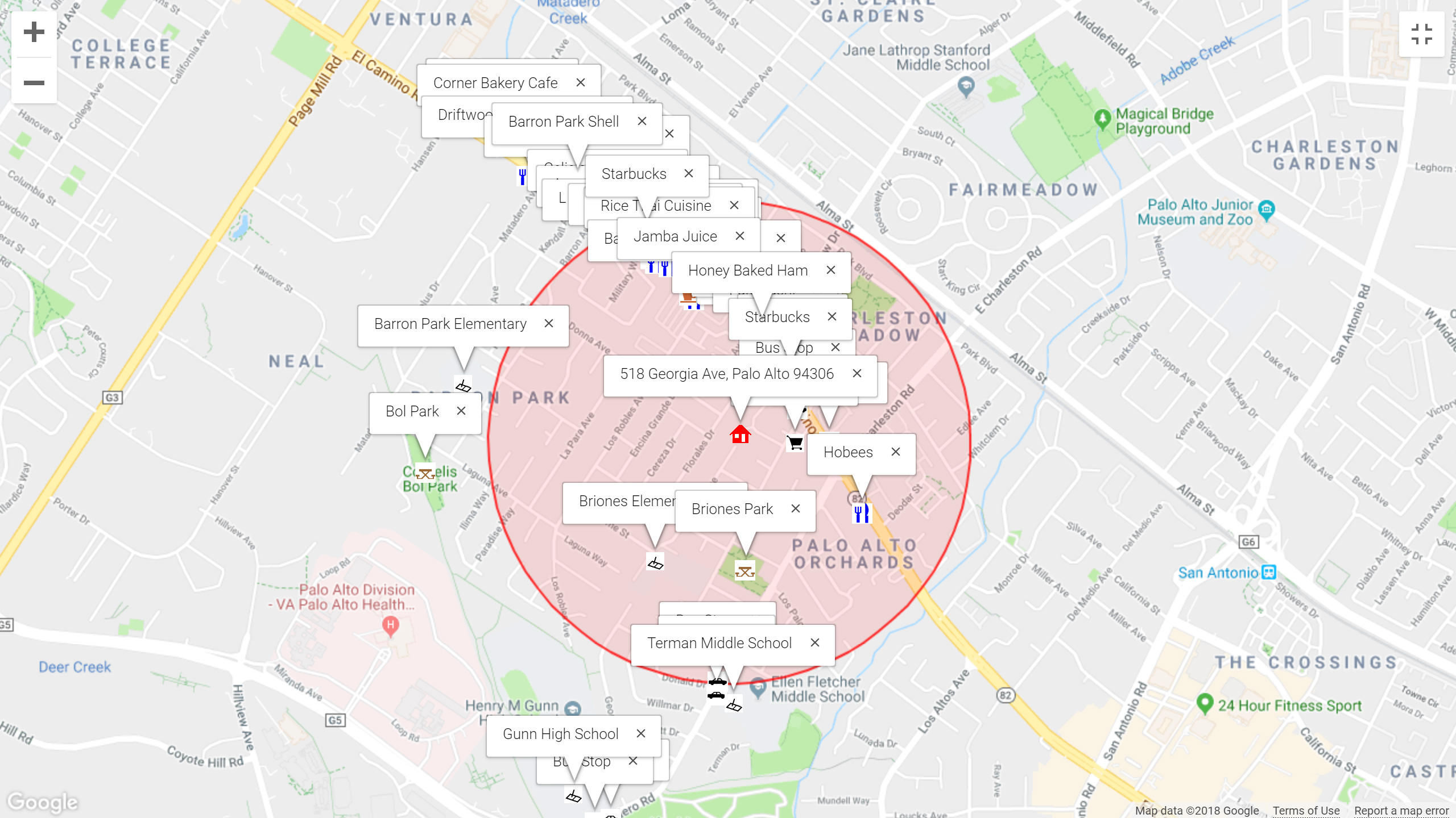 Map of attractions near 518 Georgia Ave, Palo Alto 94306