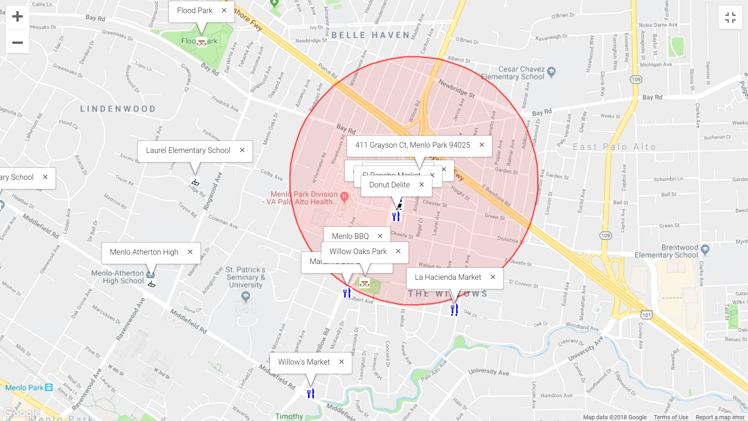 Map of attractions near 411 Grayson Ct, Menlo Park 94025
