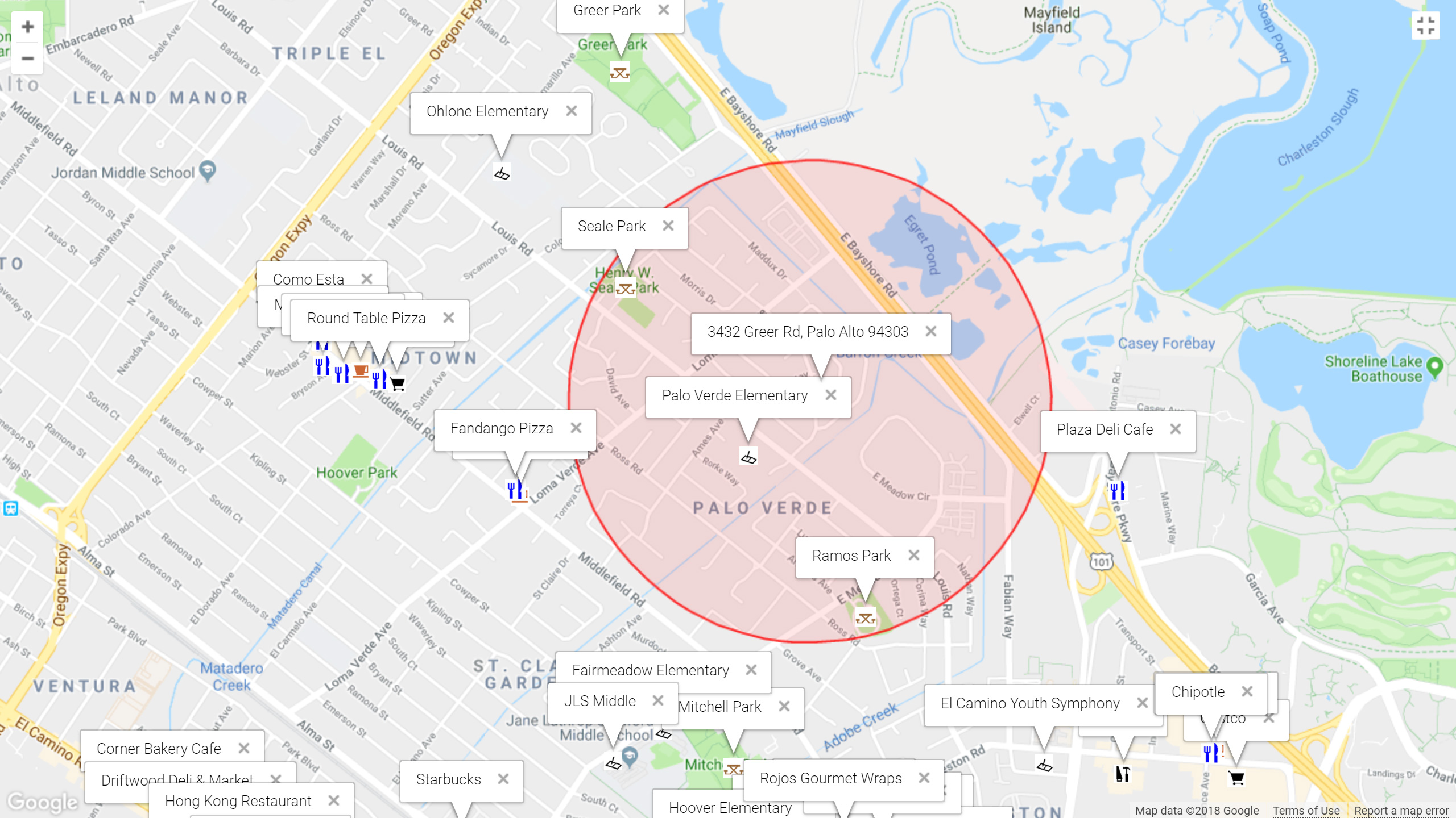 Map of attractions near 3432 Greer Rd, Palo Alto 94303