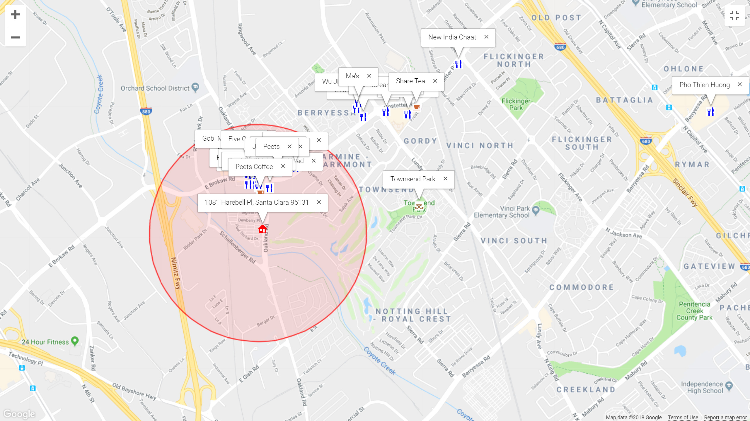 Map of attractions near 1081 Harebell Pl, Santa Clara 95131
