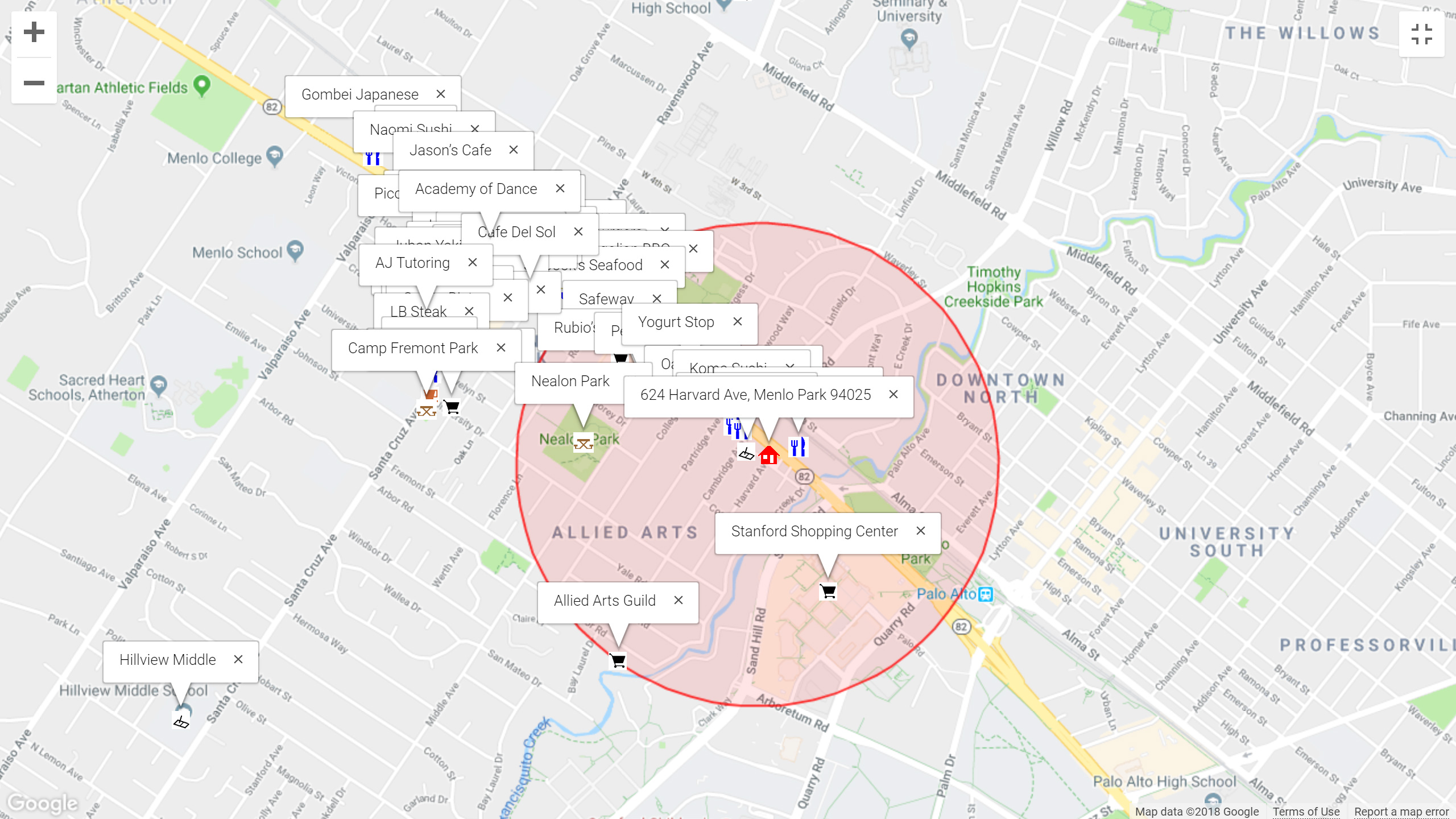 Map of attractions near 624 Harvard Ave, Menlo Park 94025