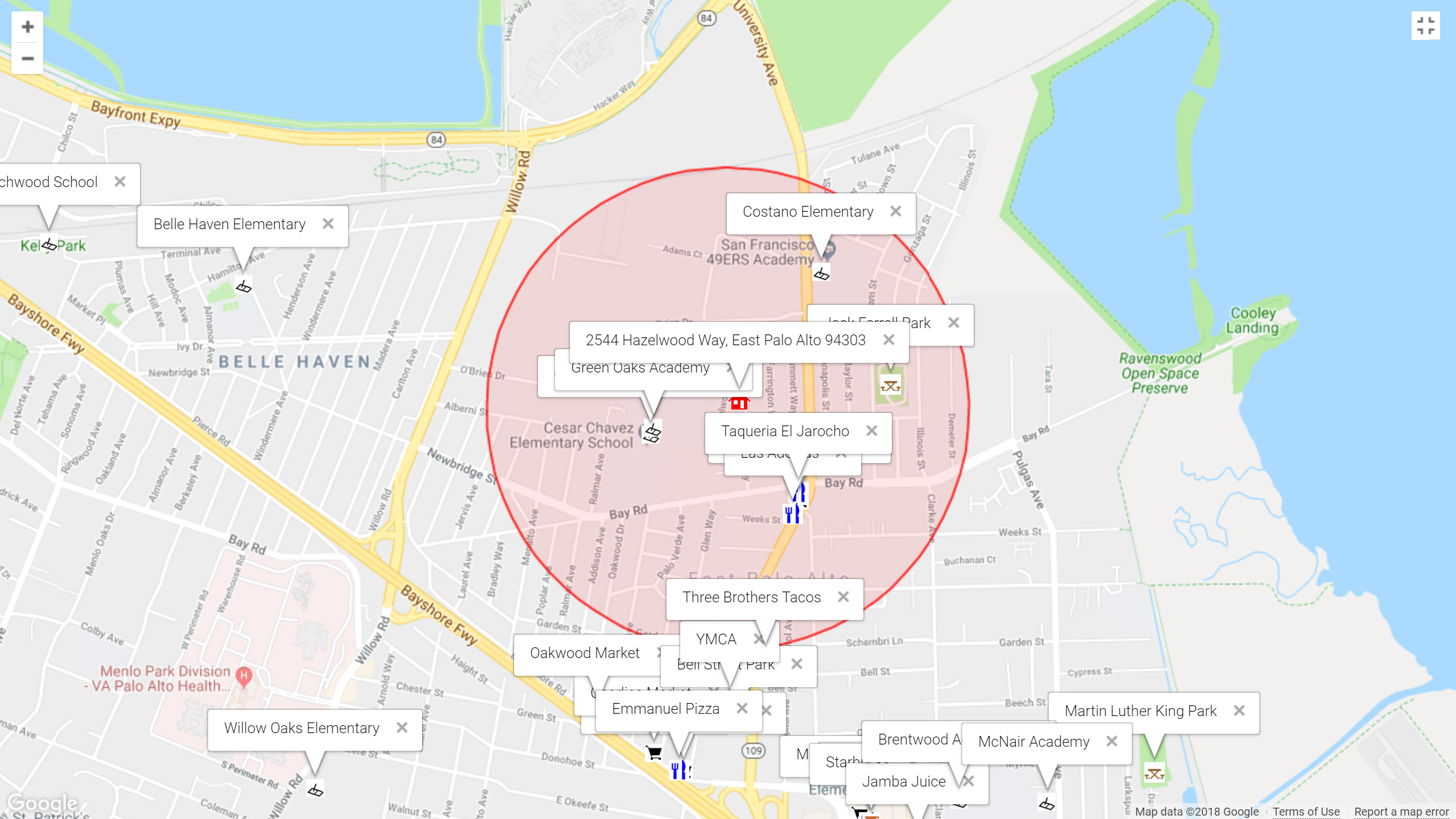 Map of attractions near 2544 Hazelwood Way, East Palo Alto 94303