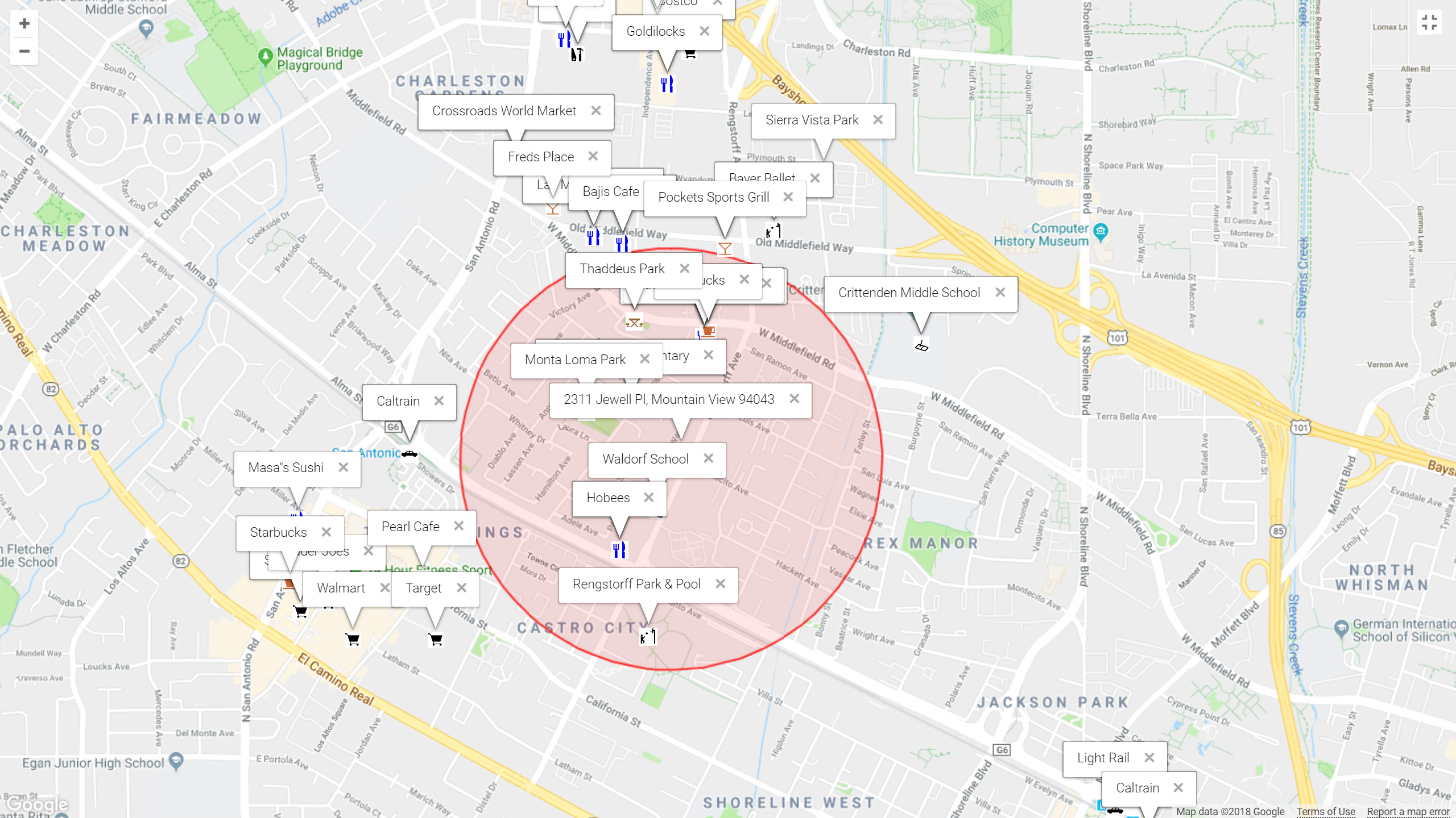 Map of attractions near 2311 Jewell Pl, Mountain View 94043