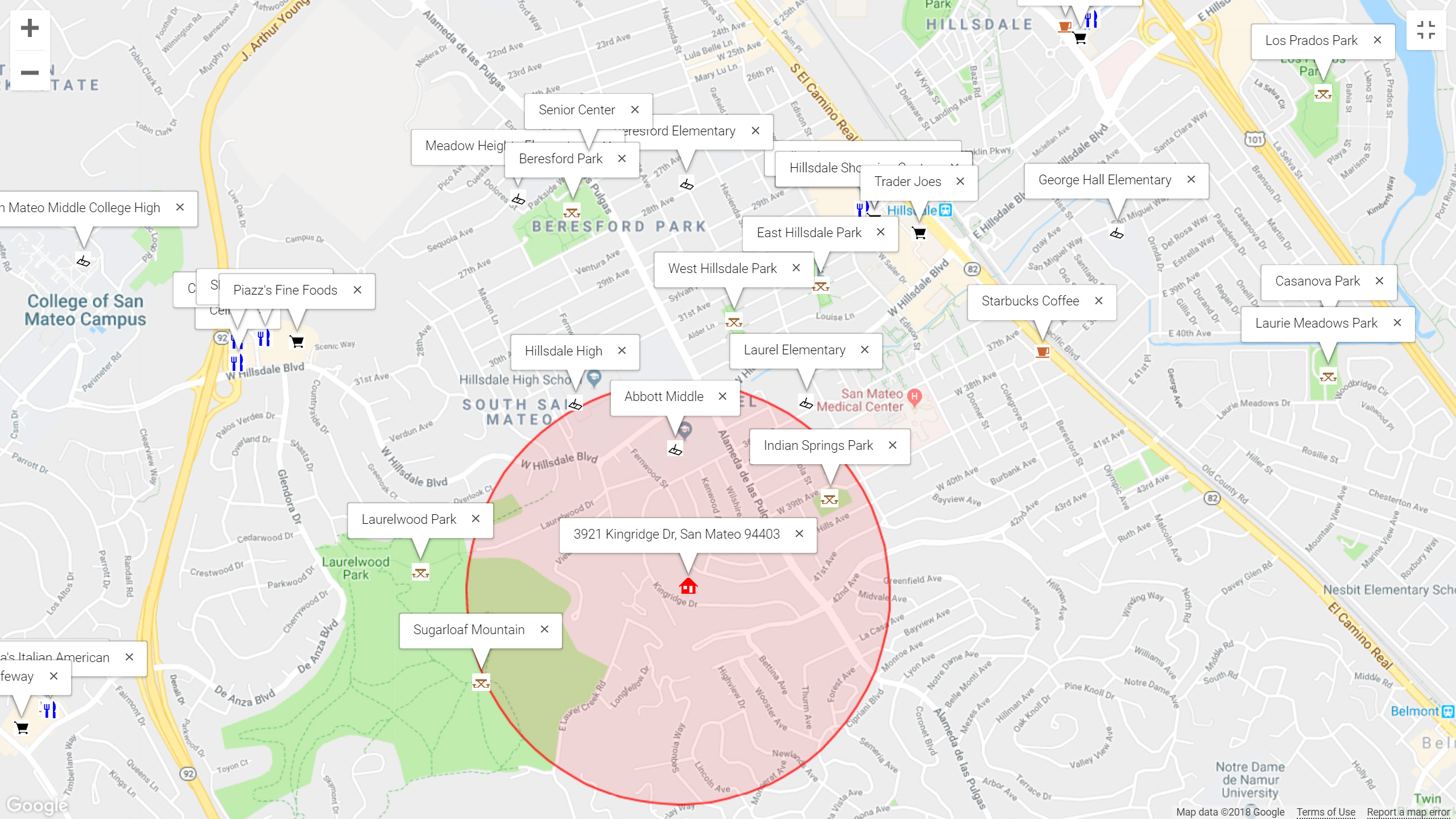 Map of attractions near 3921 Kingridge Dr, San Mateo 94403