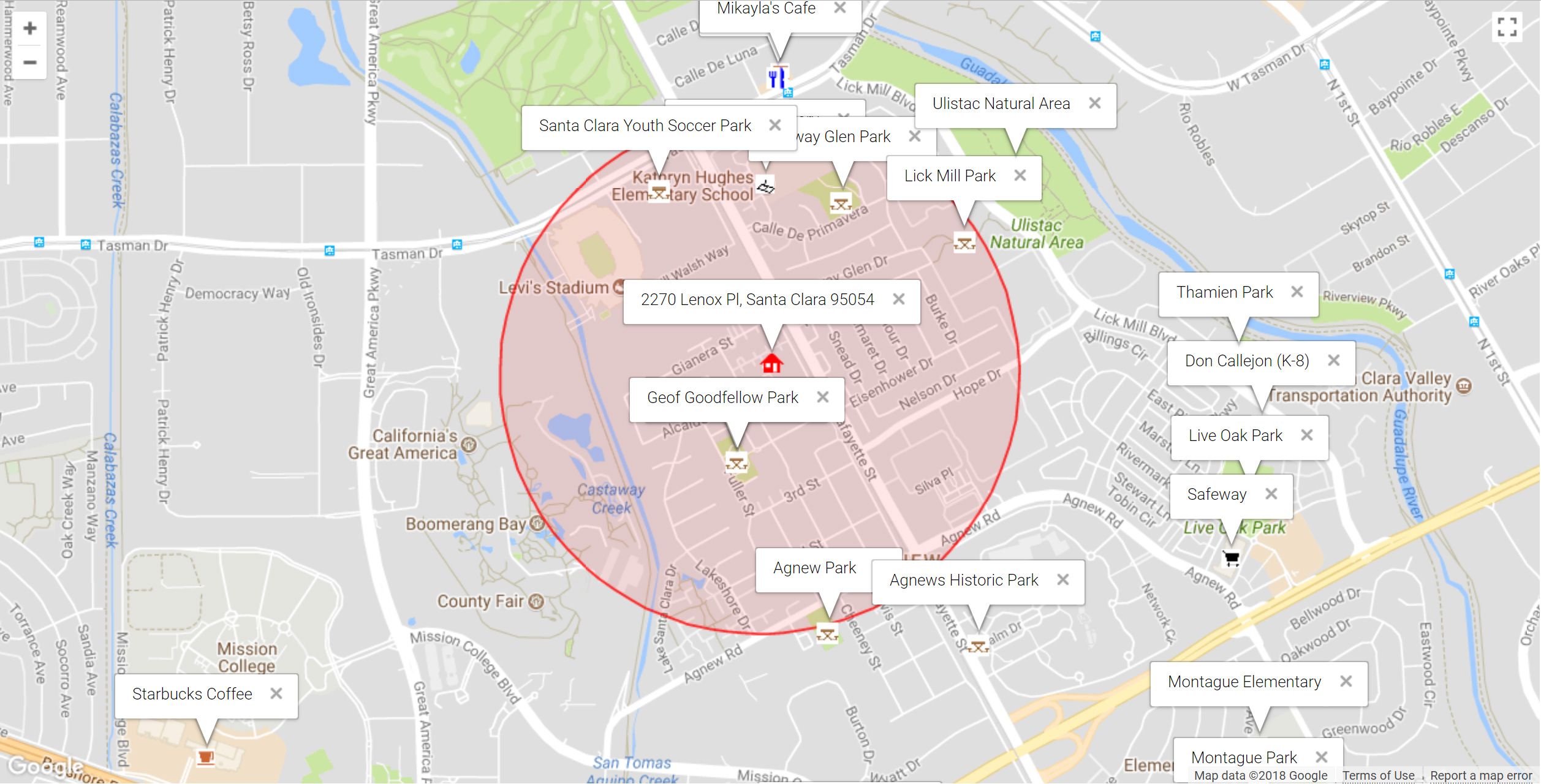 Map of attractions near 2270 Lenox Pl, Santa Clara 95054