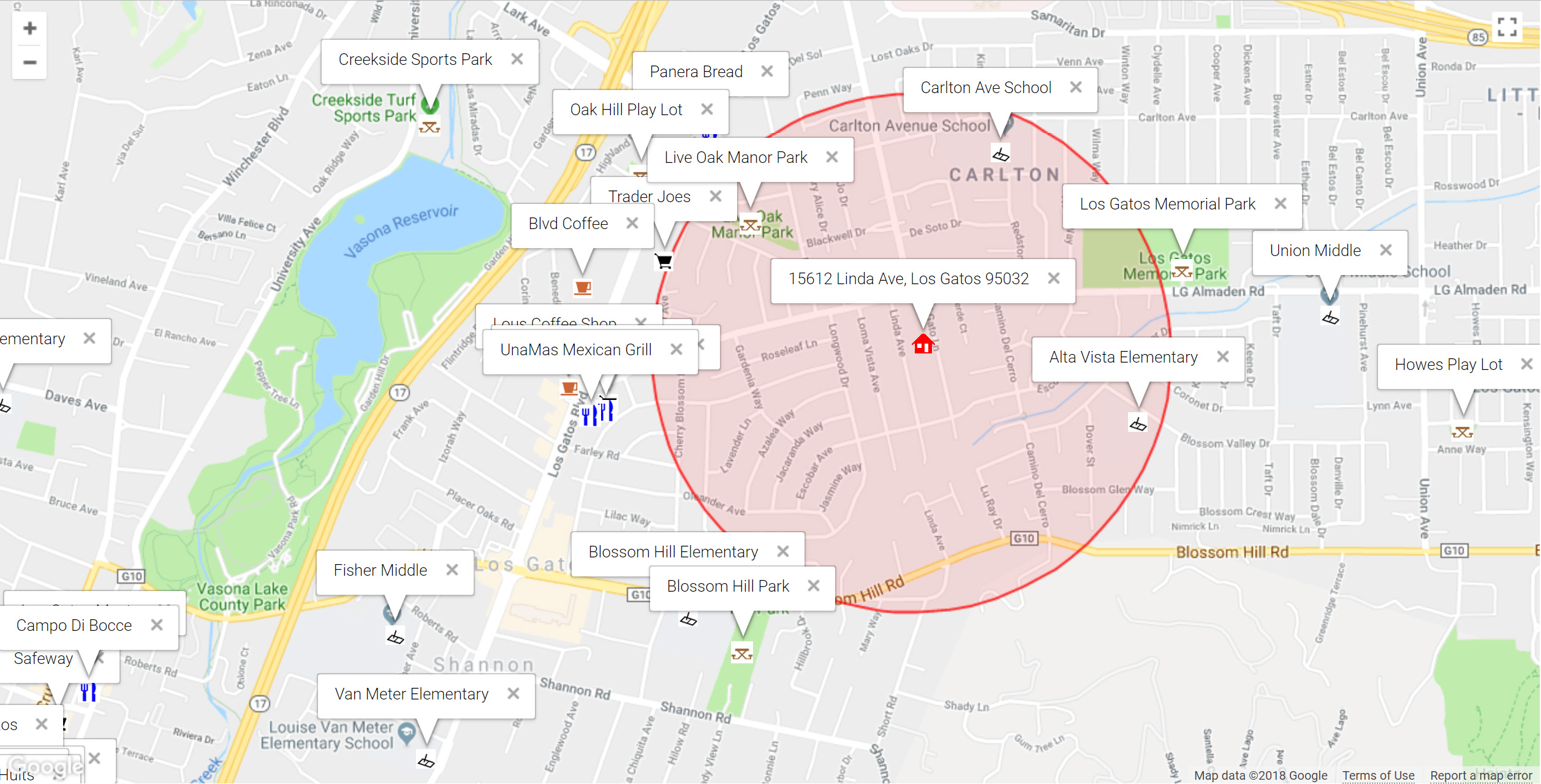 Map of attractions near 15612 Linda Ave, Los Gatos 95032