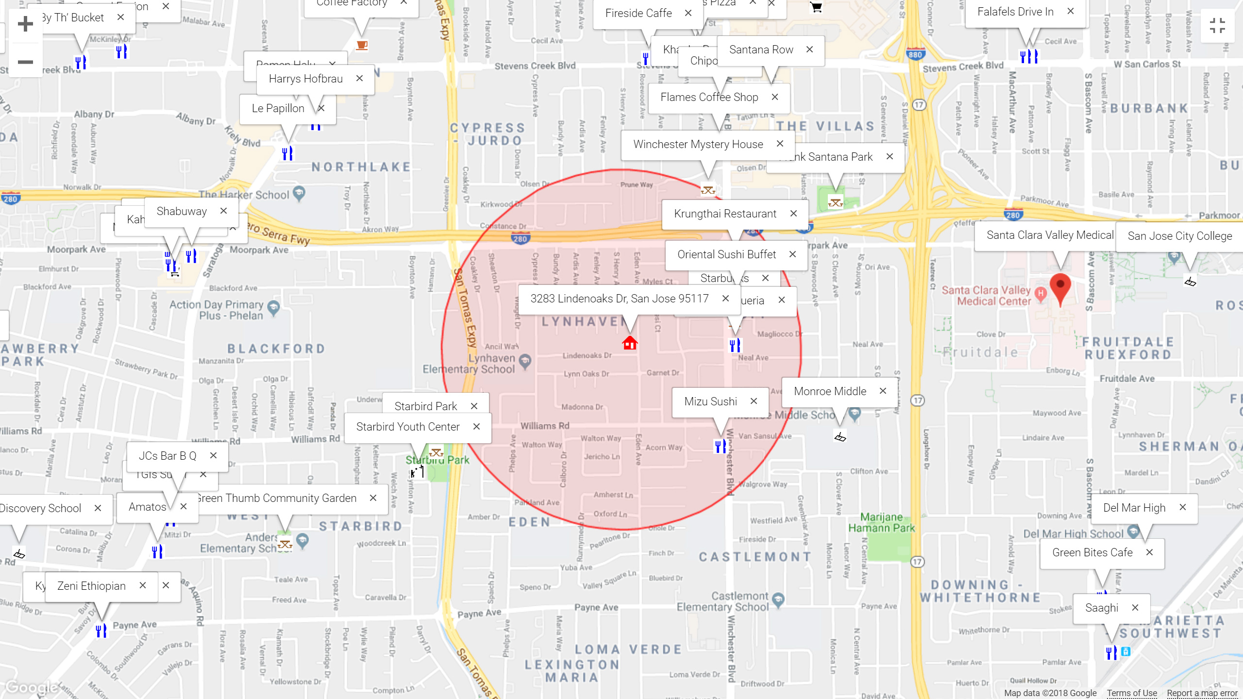 Map of attractions near 3283 Lindenoaks Dr, San Jose 95117