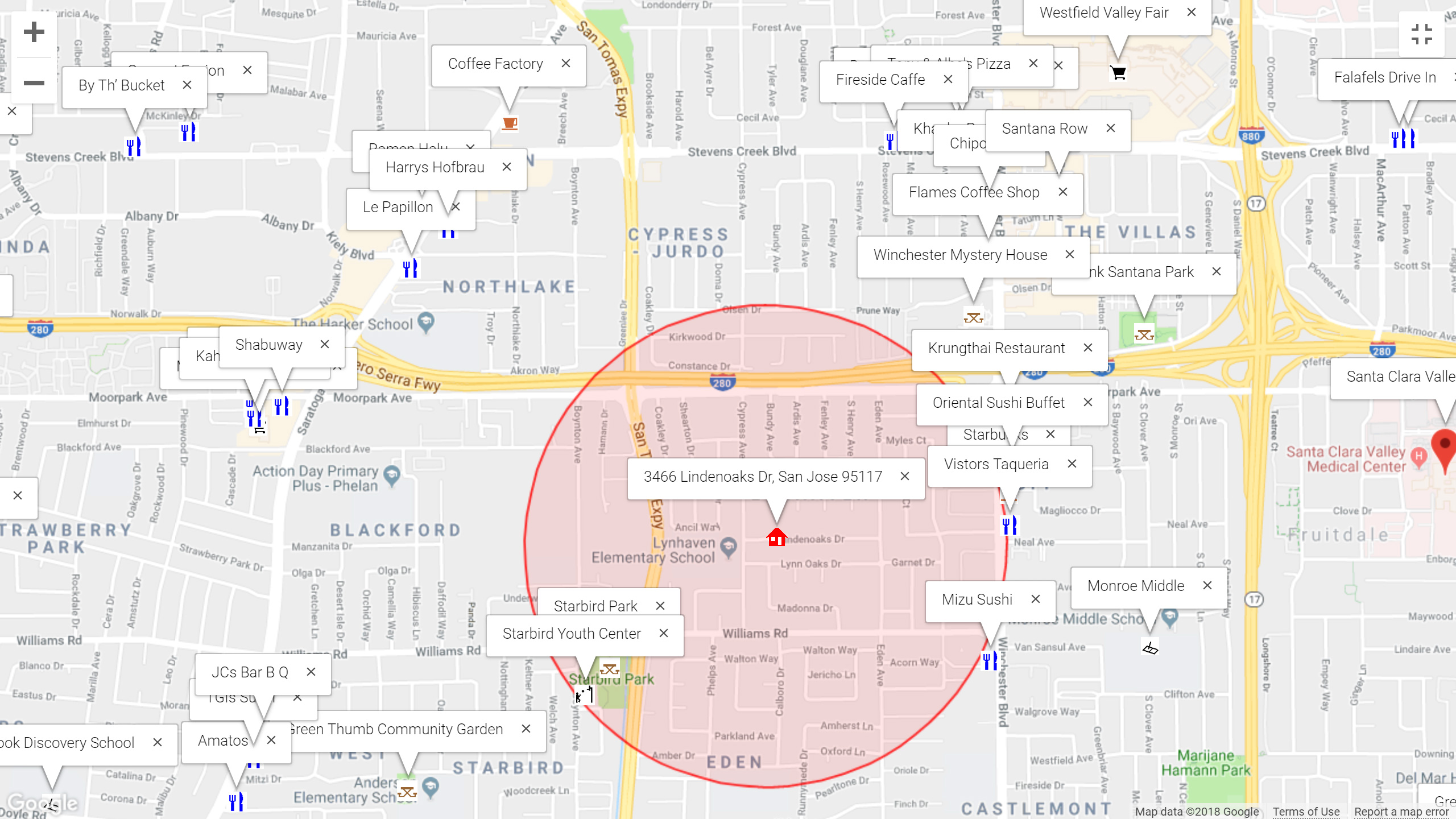 Map of attractions near 3466 Lindenoaks Dr, San Jose 95117