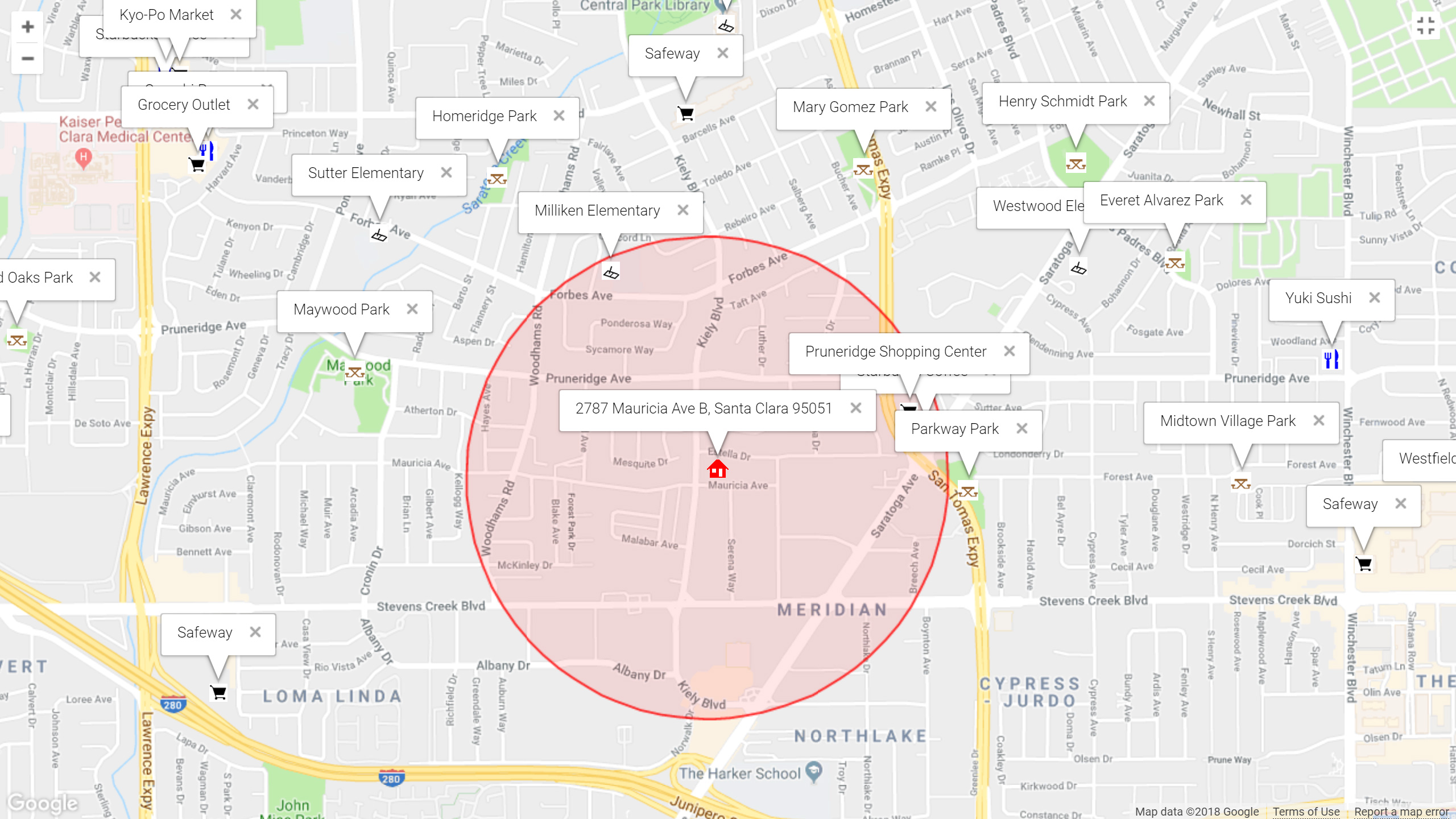 Map of attractions near 2787 Mauricia Ave B, Santa Clara 95051
